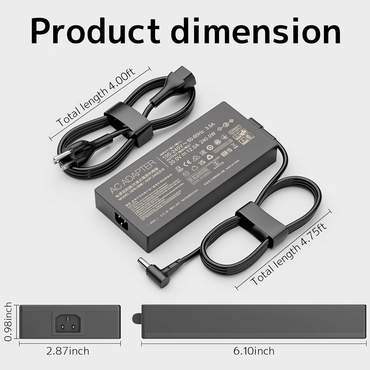 240W 20V 12A AC Adapter Power Supply Fit for ASUS ROG Strix Scar 15 17 GX550LXS TUF Gaming F15 F16 F17 A15 A17 Zephyrus S15 S17 G15 G17 G513 G733QM G733QR G733QS G733QSA ADP-240EB B Laptop Charger