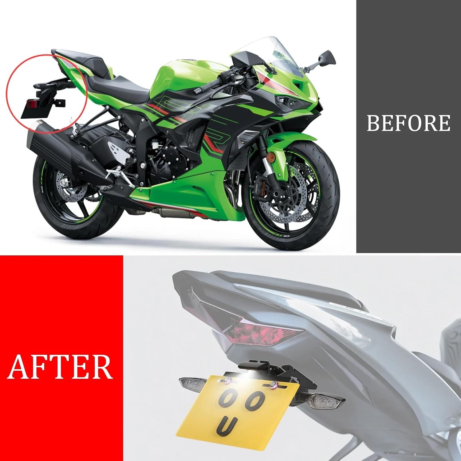 ZX6R Fender Eliminator Kit Compatible with 2019-2024 Ninja ZX-6R Tail Tidy License Plate Holder with Turn Signals Rear & License Plate Light (Smoke)