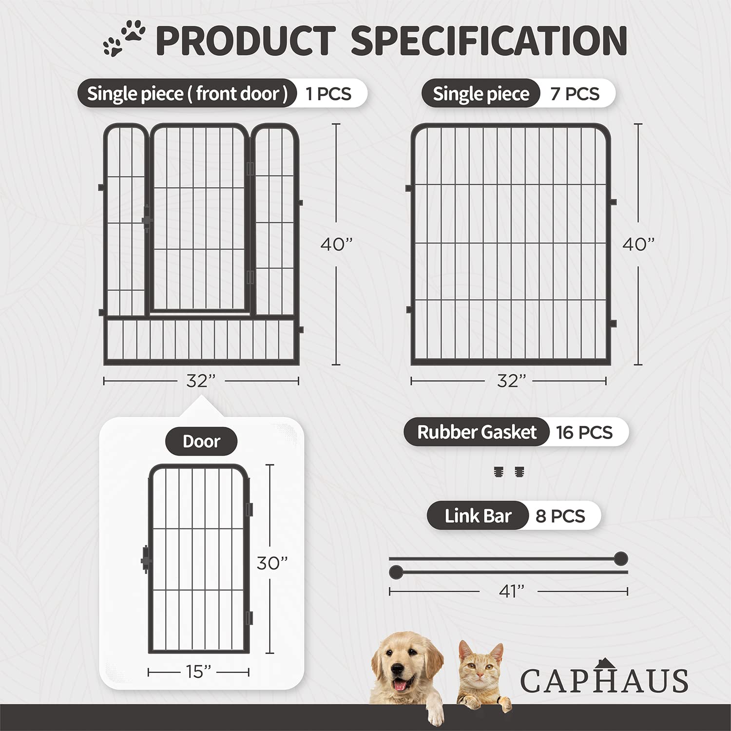 CAPHAUS 24/32/40 Inch Height Bold Metal Foldable Heavy-Duty Pet Playpen with Door, Available in 8/16/24/32 Panels Indoor/Outdoor Portable Kennel, Dog/Animals Exercise Fence Cage for Yard, RV, Camping