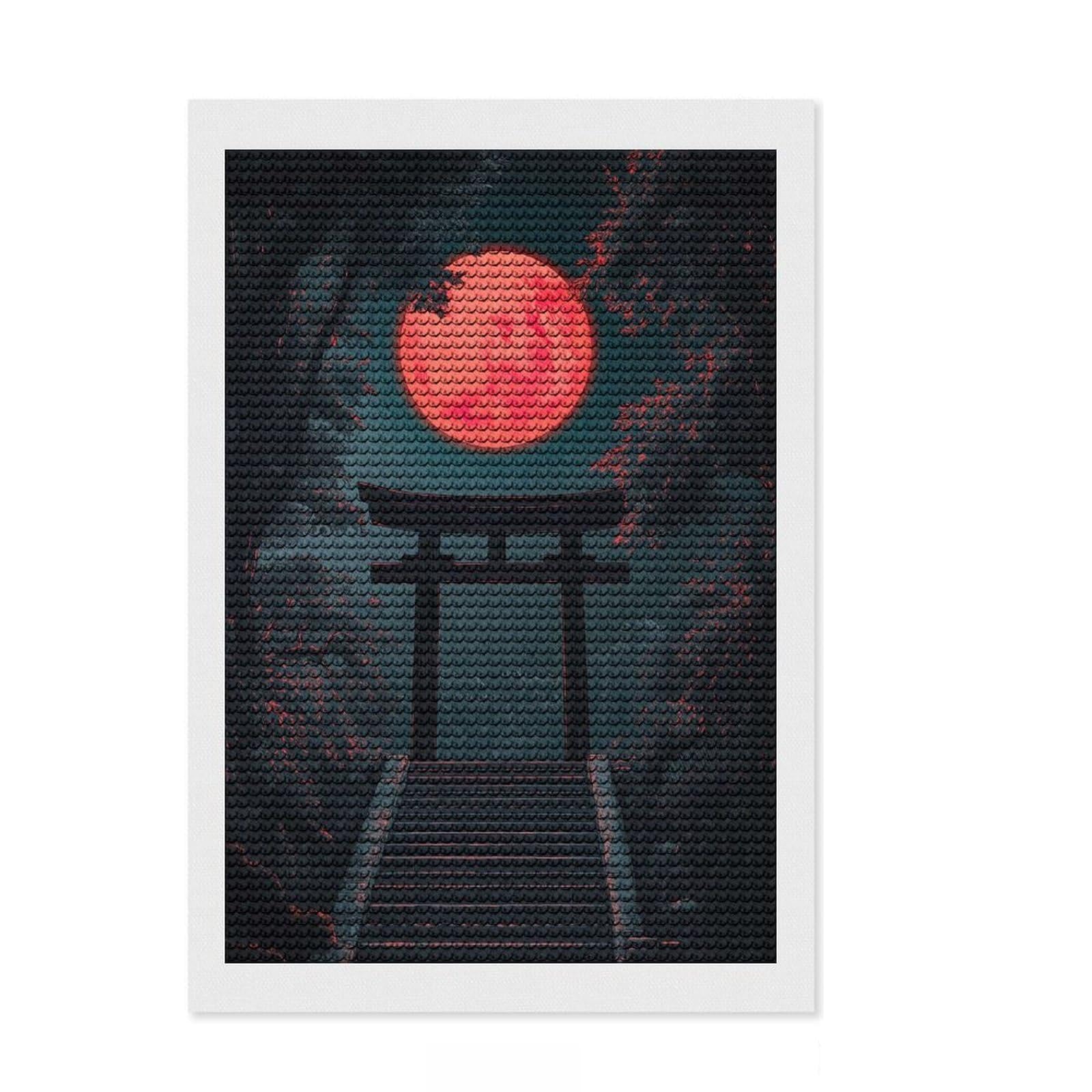 Junmoney Red Moon Torii Gate Round Drill Diamond Painting 8"x12", for Adults, Neat Printed Canvas, Holiday Gift Idea, Boho Decor, with Tool Kit