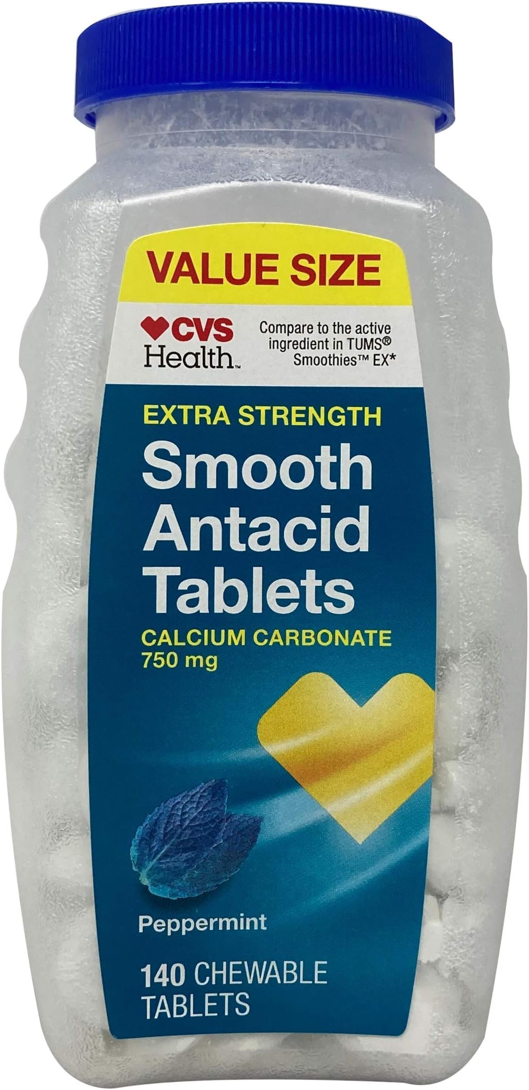 CVS Health Extra Strength Smooth Antacid Tablets, Calcium Carbonate 750 mg, Peppermint, 140 Count