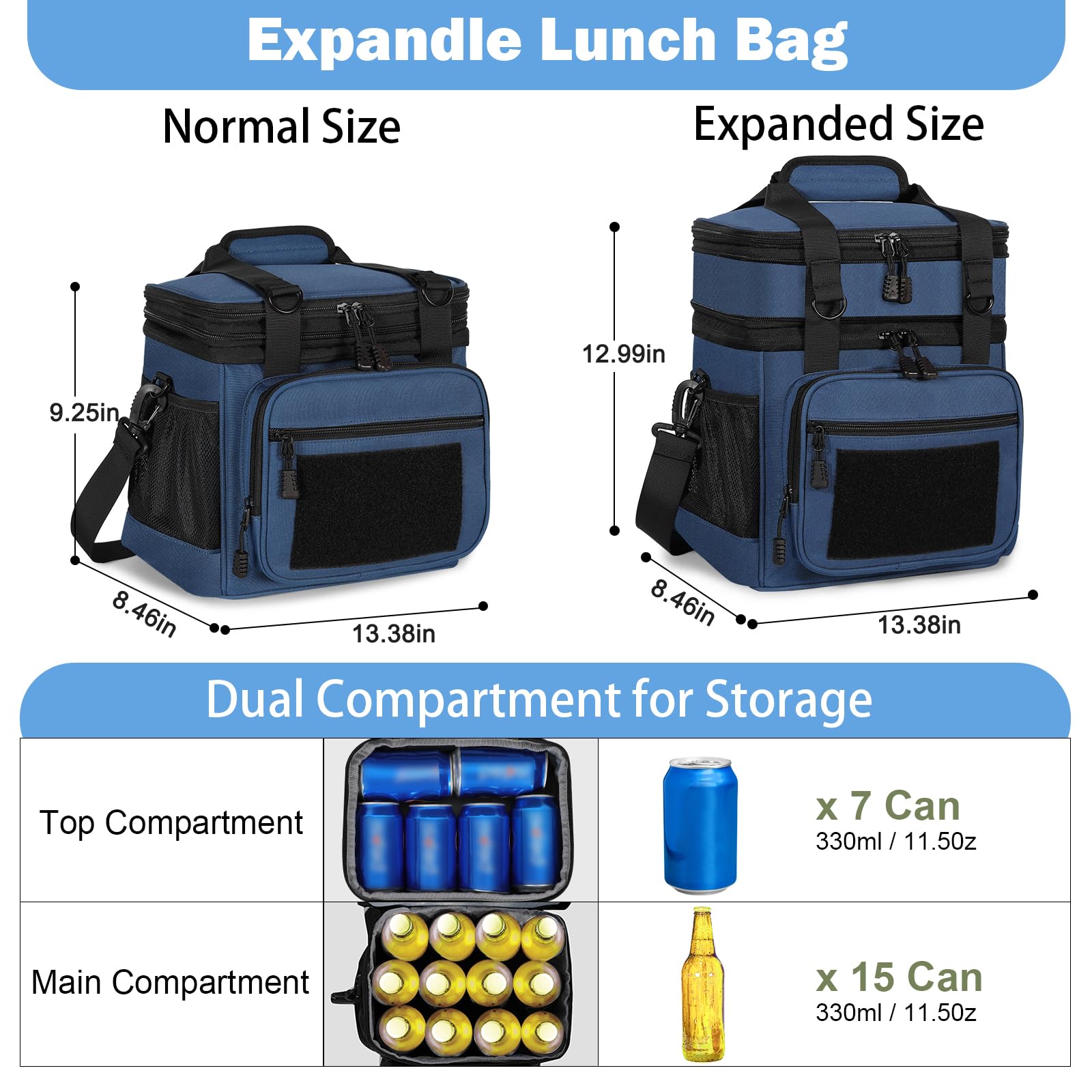 GLENKEY Contenitore termico per il pranzo, a doppio piano, espandibile, XL, a prova di perdite, per uomini, donne, adulti, lavoro, turni di viaggio, gita giornaliera, 25 l, blu