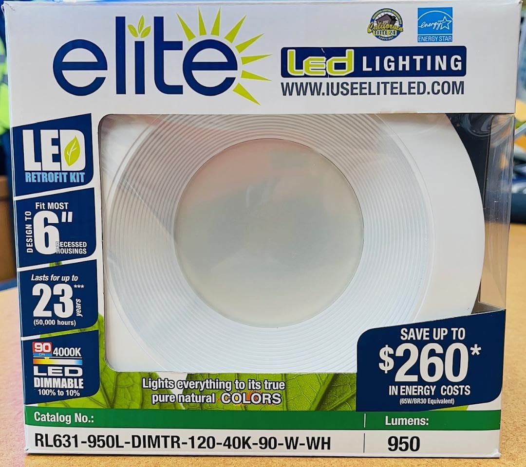Elite RL631-950L-DIMTR-120-27K/30K/35K/40K/50K-90-W-WH 6" LED Baffle Retrofit Kit, 950 Lumens (White, 2700/3000/3500/4000/5000K - All-in-ONE)