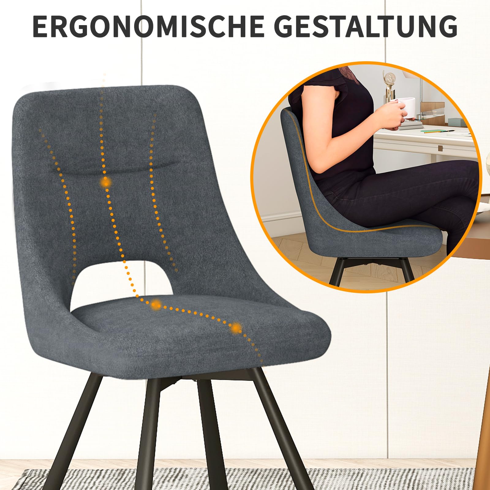 WAFTING Esszimmerstühle Drehbar 6er Set, 360° Drehbare Stuhl, 48 cm Breite Sitzfläche, Gepolsterte Küchenstühle mit Durchbrochene Rückenlehne, für Esszimmer, Küche, Wohnzimmer und Cafés, Dunkelgrau