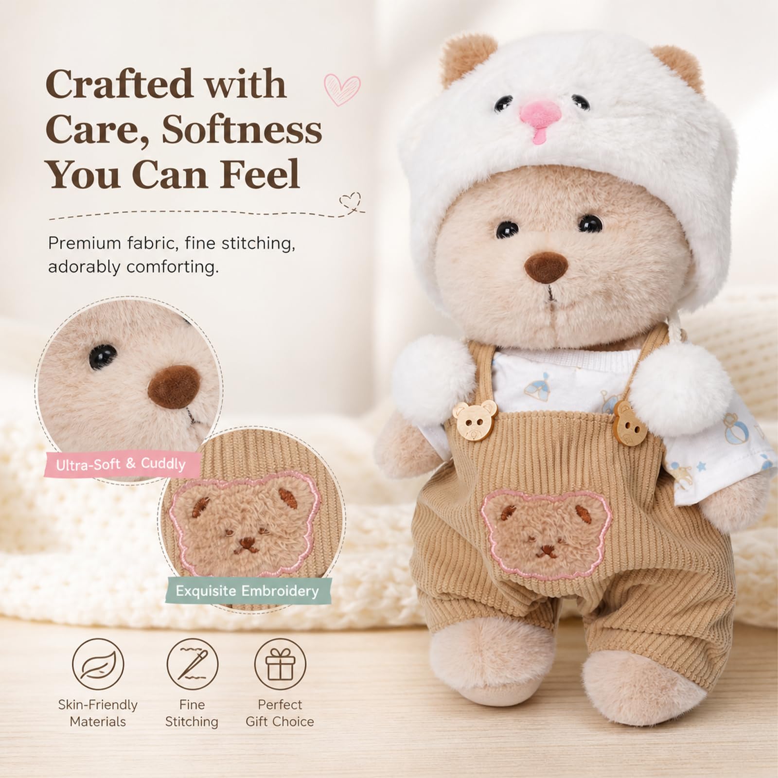 Teddy Angels Orsacchiotto di peluche da 30 cm, con un capo di abbigliamento, regalo per bambini, ragazze, donne, compleanno, (vestito di agnello marrone)
