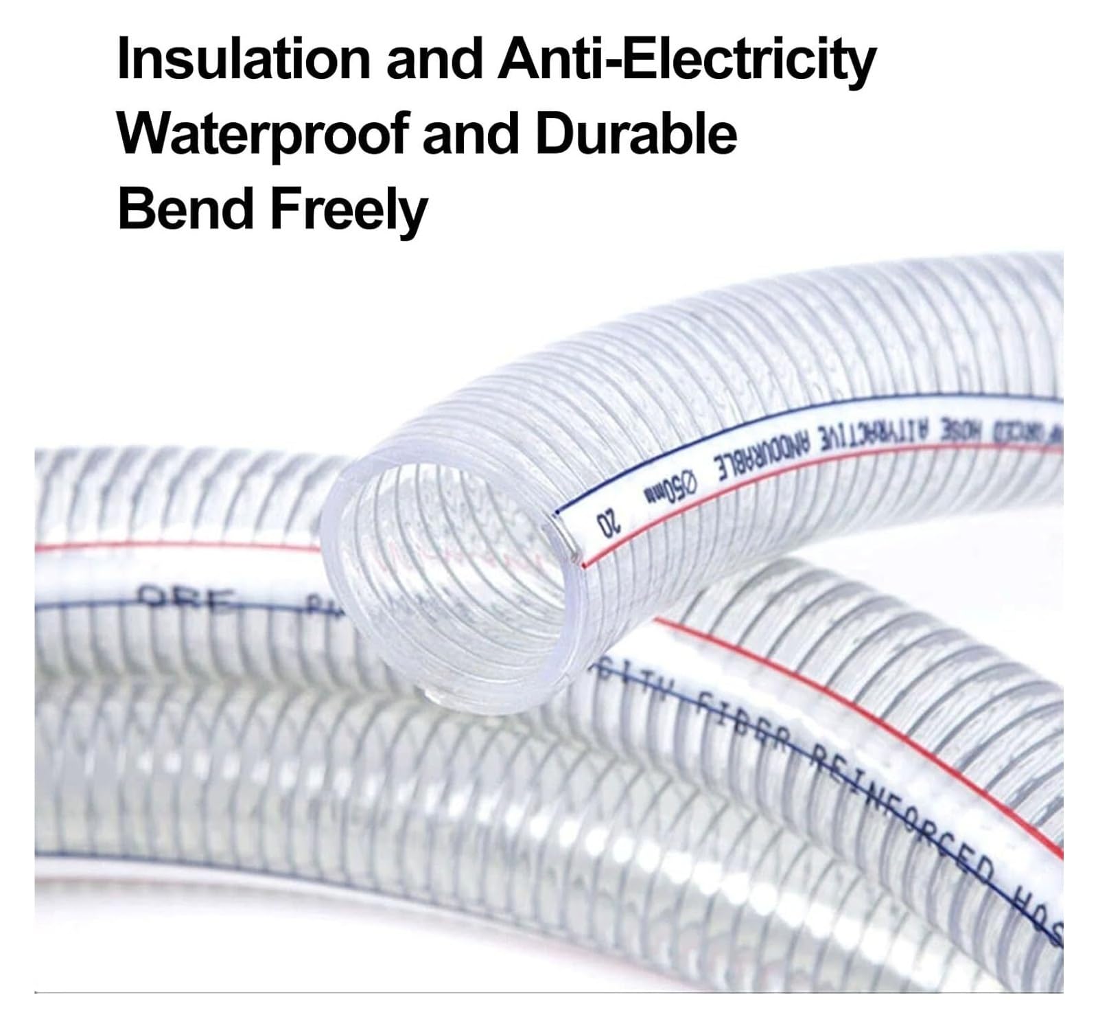 Manguera de alambre de acero del Pvc, Manguera de vinilo alta presión, tubo bomba fuerte 1M, transparente, diámetro interior 19MM con 2 abrazaderas, buena capacidad soporte(Thickness 2.3 mm)
