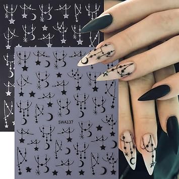 Moon Star Nail Stickers for Nail Art, 4 Sheets 3D Nail Decals Cute Design Nail Decoration Supplies Self Adhesive Black Silver Manicure Tips Decals Moon Stars Nail Accessories for Women and Girls