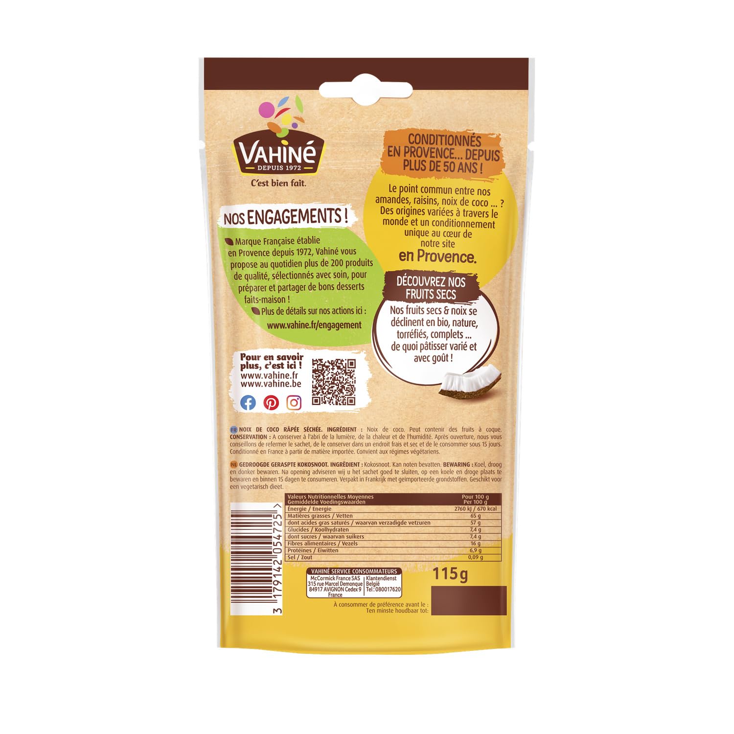 VAHINE - Noix de Coco Râpée - Sans Colorant ni Conservateur · Délicatement Râpée · Une Touche Fraîche et Exotique pour les Desserts · Sachet Fresh Zip Refermable - le sachet de 115 g - Le Lot De 4