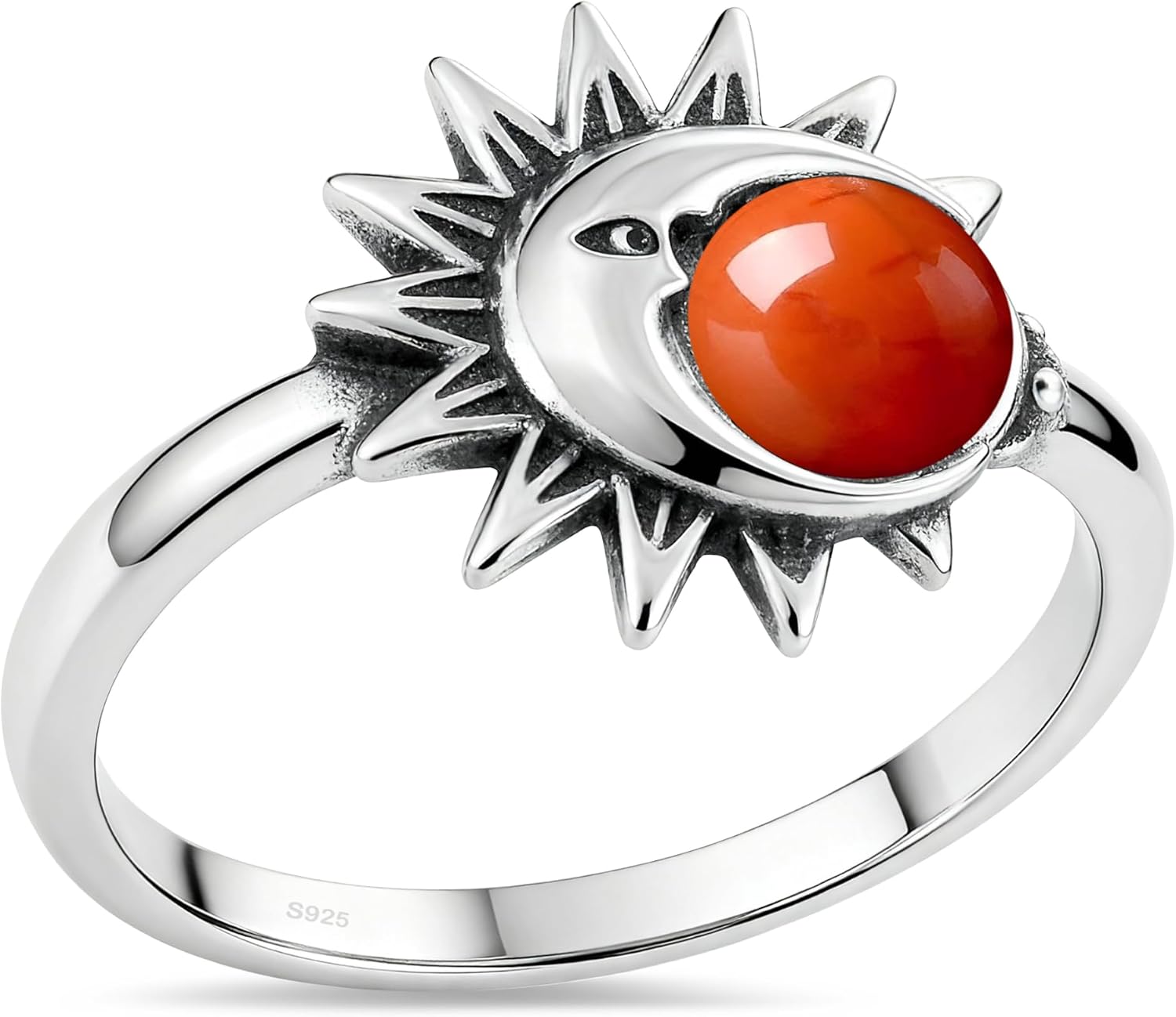 925 Sterling Silver Stone Ring,Natural Round Crystal Gemstone Ring,Sun Moon Statement Boho Bohemian Ring for Women