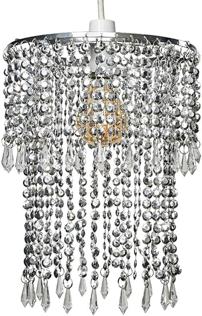 Elegant Modern Sparkling Chrome Acrylic Crystal Jewel Bead Effect Ceiling Pendant Light Shade