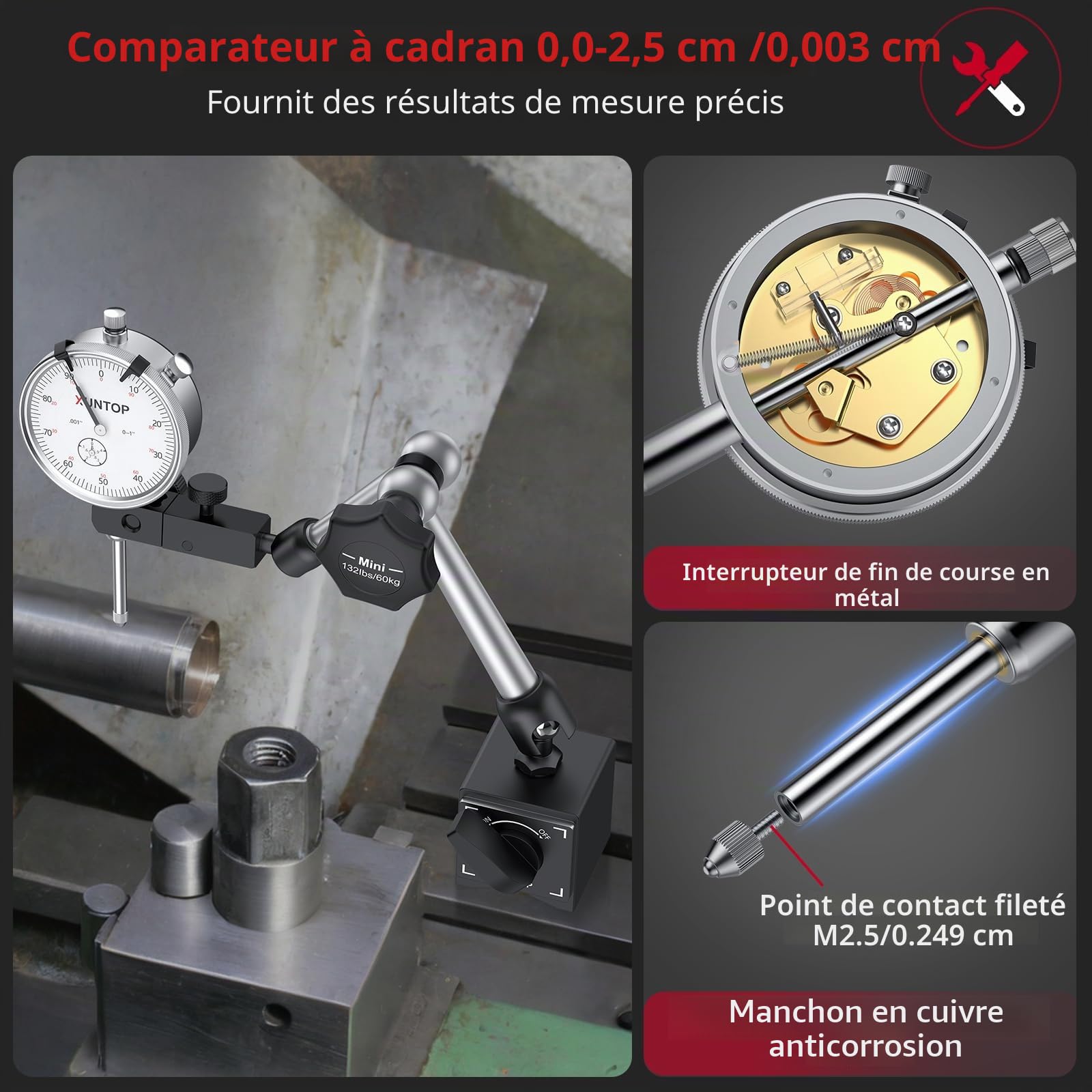 XUNTOP Comparateur Mécanique 0-20mm avec Support Magnétique 60kg Haute Précision 0.01mm Indicateur à Cadran pour Tour Fraiseuse Réglage Machine Outil Métrologie pour Usinage Bois Métal