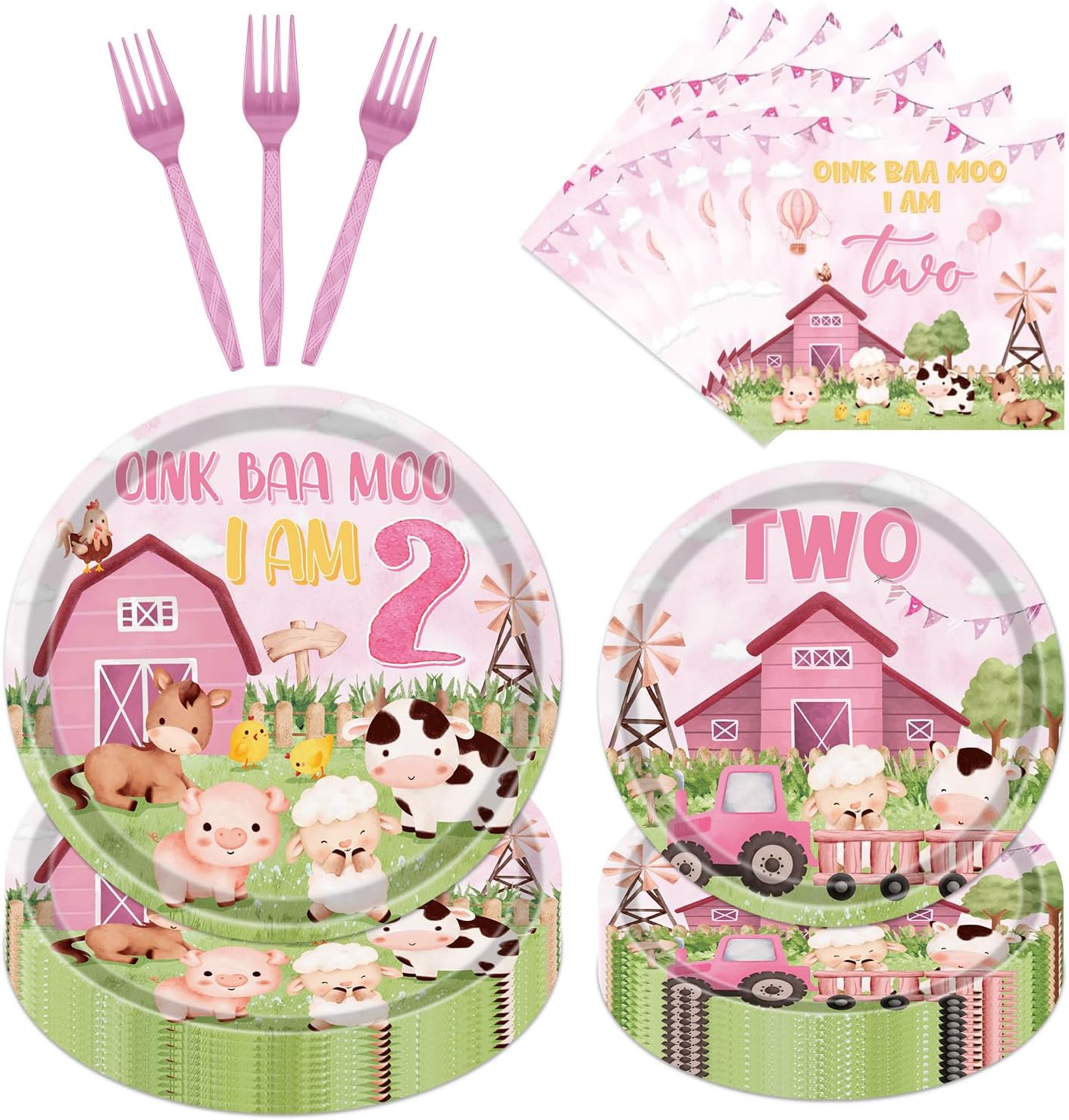 Farm Theme Birthday Decorations - 96PCS Oink Baa Moo Im Two Party Decorations Party Plates Napkins Forks Tableware Set Disposable Farm Animals 2nd Birthday Decor Supplies for Girl Serve 24