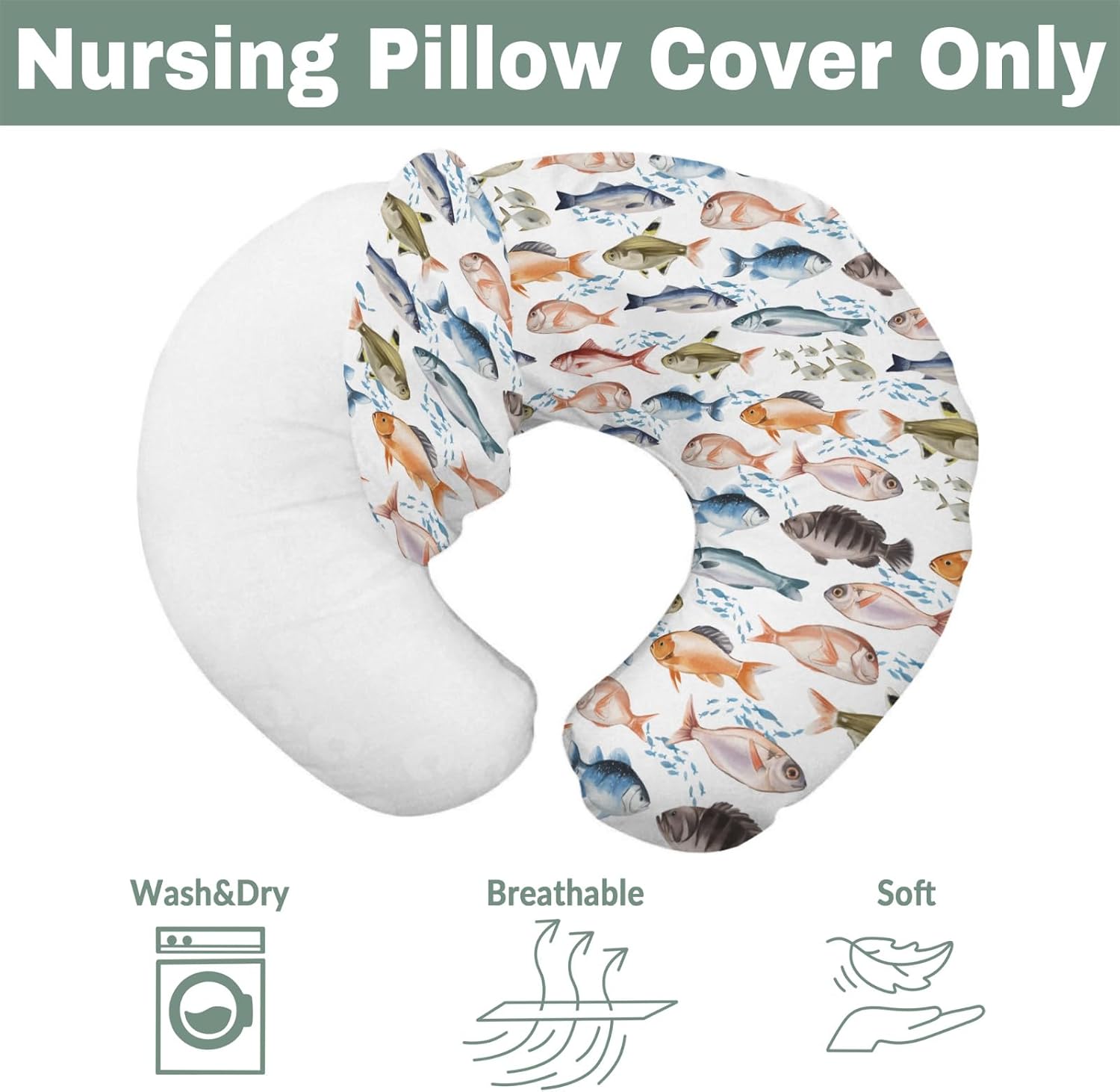 Watercolor Fishes Baby Nursing Pillow Covers for Boy Girl Freshwater Fish Bass Trout Fishing Nursery Pillowcase for Breastfeeding Pillows Fisherman Life Soft Stretchy Slipcovers for Newborn Infant