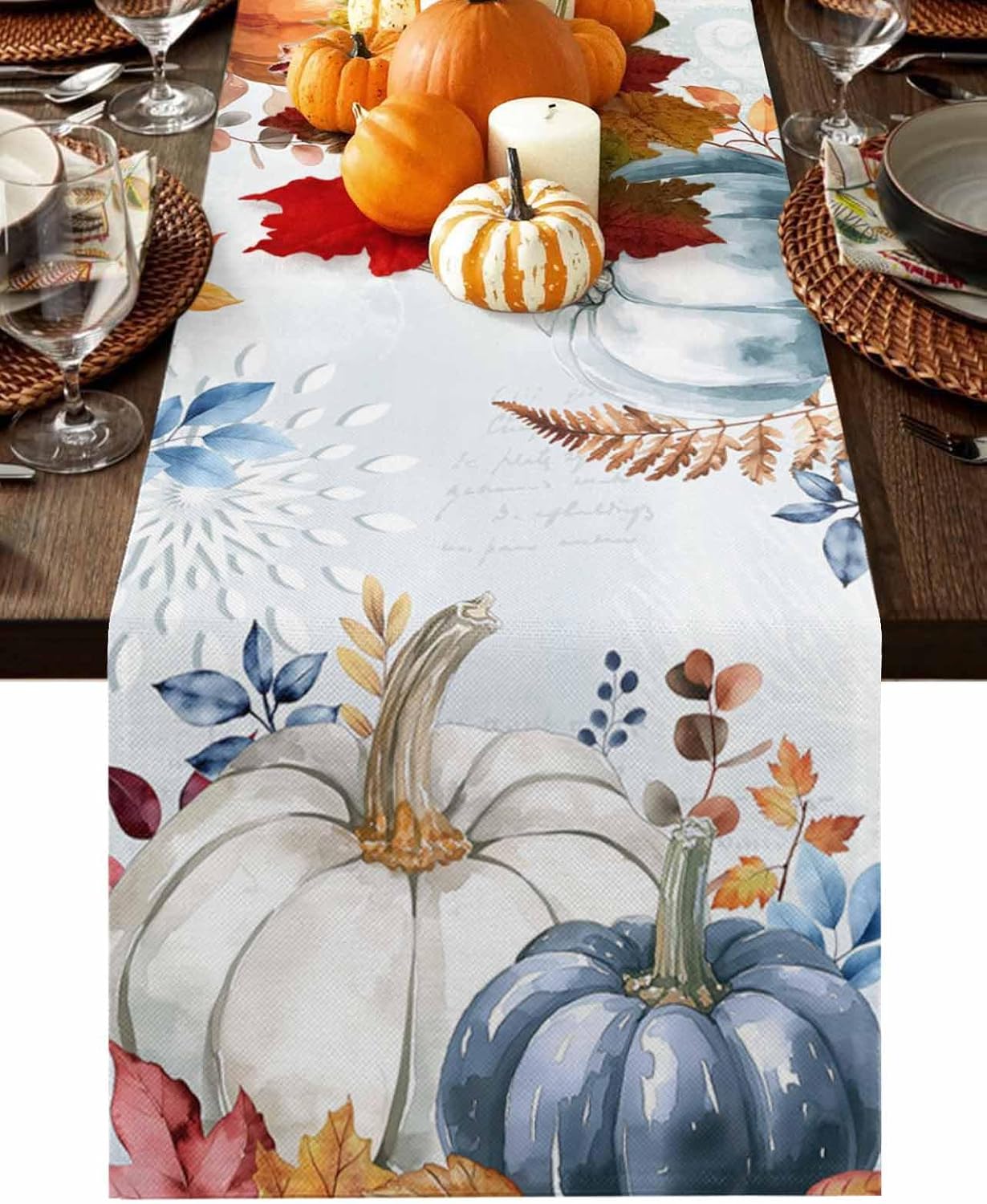 Fall Thanksgiving Table Runner Blue Pumpkins Dresser Scarves 120 Inch Length Rustic Autumn Leaves Non-Slip Washable Farmhouse Dining Table Runners for Wedding Party Holiday Decoration