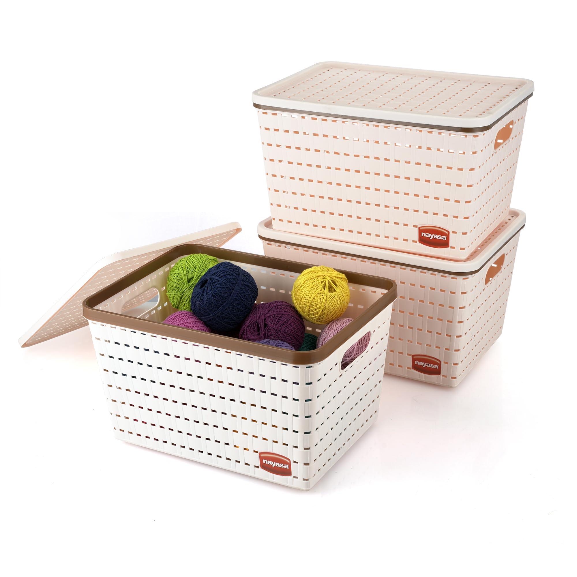 Nayasa Gloria Plastic Basket for Storage | Vegetable & Fruit Basket | Multipurpose Storage Box and Organiser Basket with Lid | Big - Set of 3 | Peach-image-35
