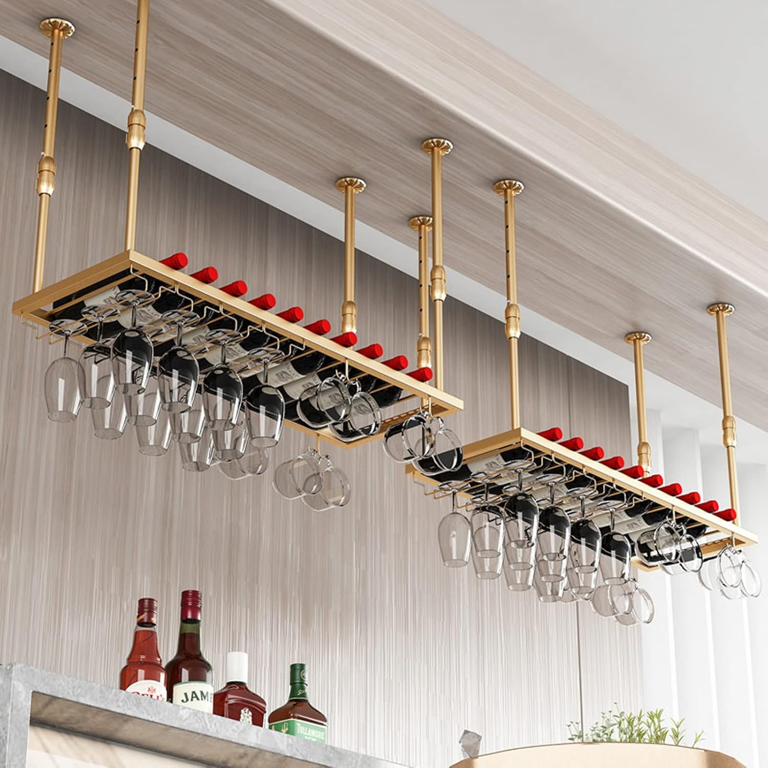 Ceiling Wine Rack | Elegant Glass Holder & Bottle nizer | Floating Shelf for Home Bar & Kitchen Storage Solutions