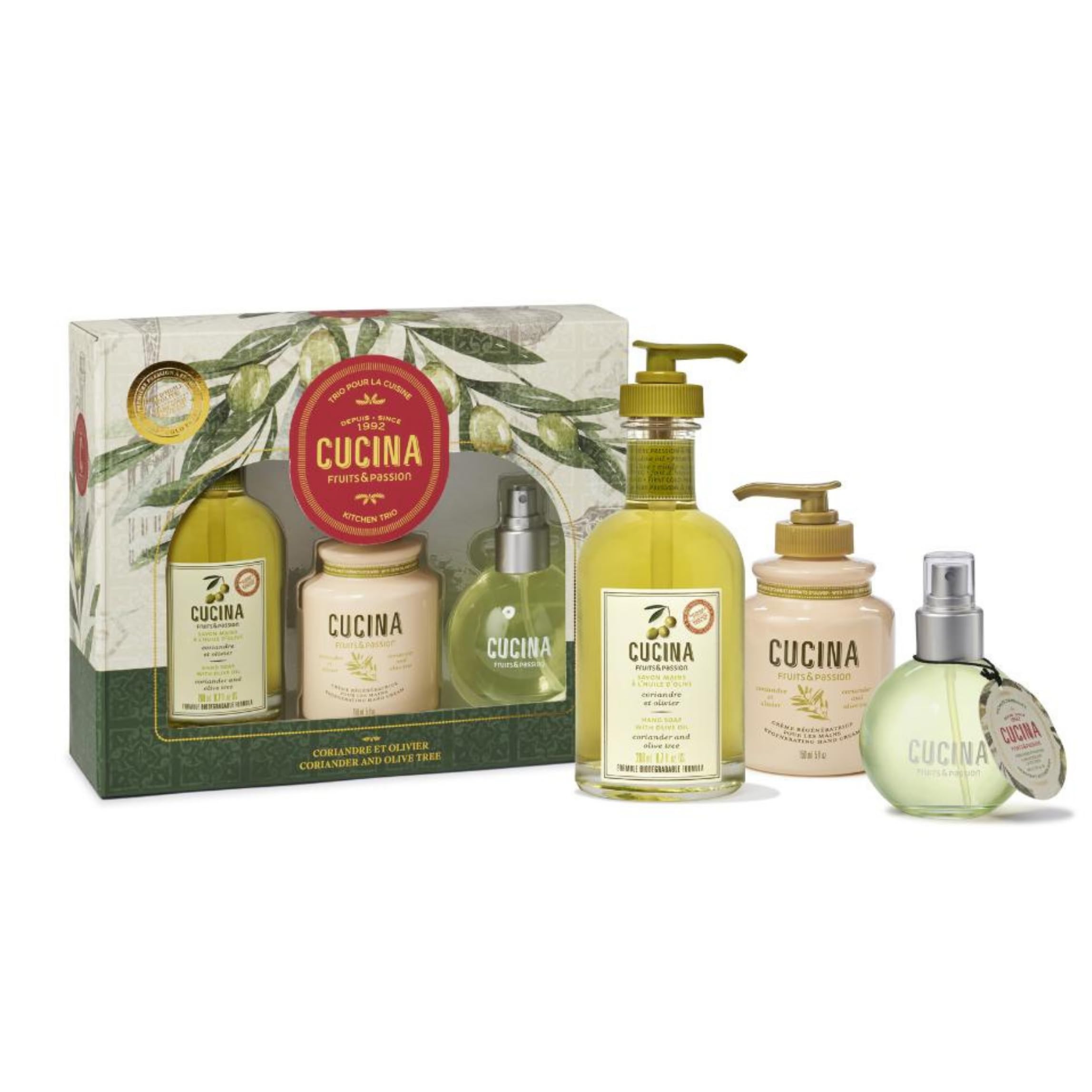 Cucina Fruits & Passion Kitchen Trio Holiday Gift Set - Hand Soap, Hand Cream, and Mist (Coriander & Olive)
