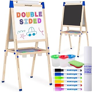 Blue Squid Art Easel for Kids - with Accessories Double Sided Wooden Kids Easel Drawing Board with Magnetic Chalkboard, Dry Erase White Board & Paper Roll Paint Art Set for Kids Toddlers 2-4 4-8 9-12