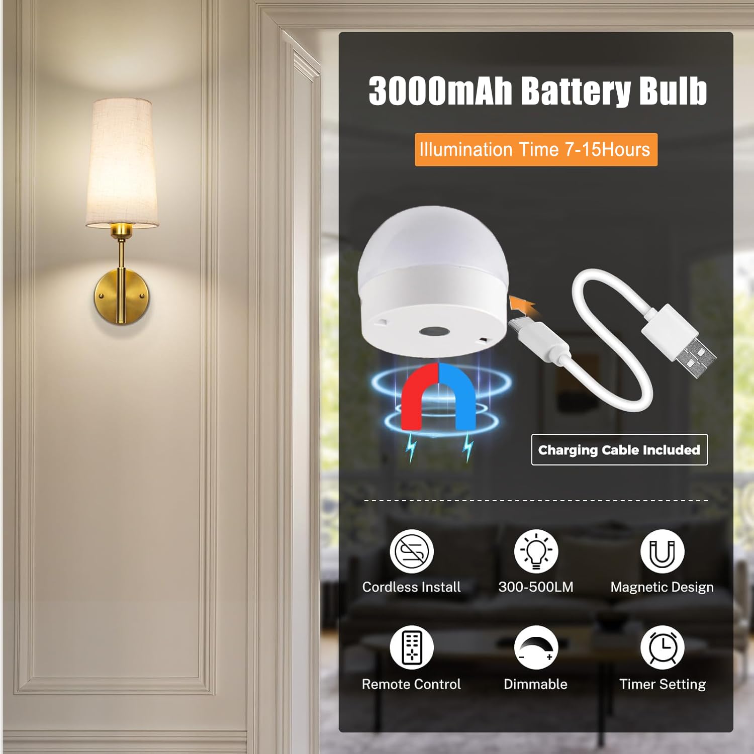 Akku Wandlampe Innen 2 Stück, LED Dimmbar RGB Wandbeleuchtung mit Fernbedienung, 3000mAh USB Aufladbare Wandleuchte, Stoffschirm Wandleuchten für Schlafzimmer Wohnzimmer Flur Nachttischlampe (2 Stück)