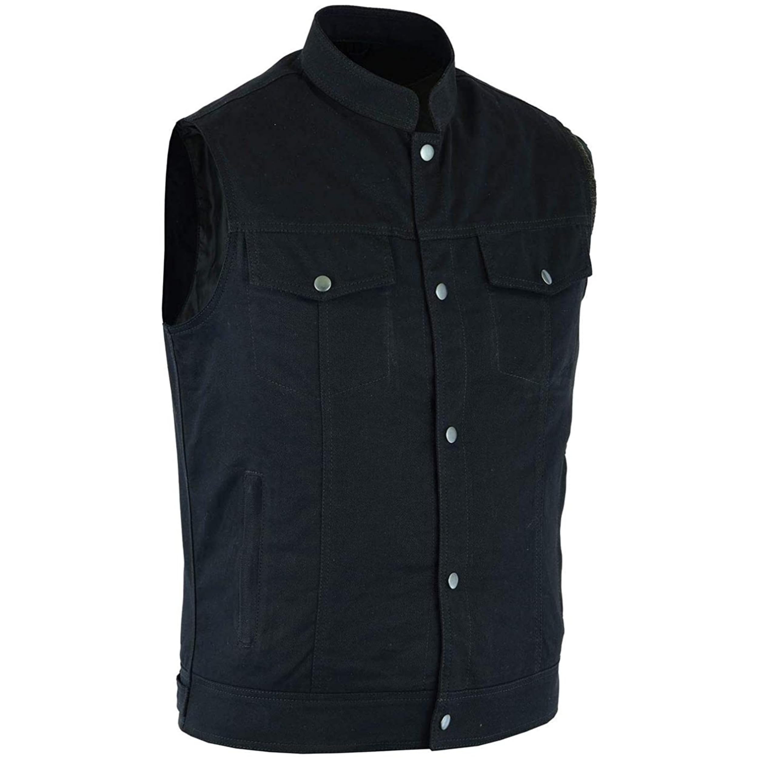 German Wear Herren Premium Denim Motorradweste mit Stehkragen, Anarchy Club Design, Schwarz