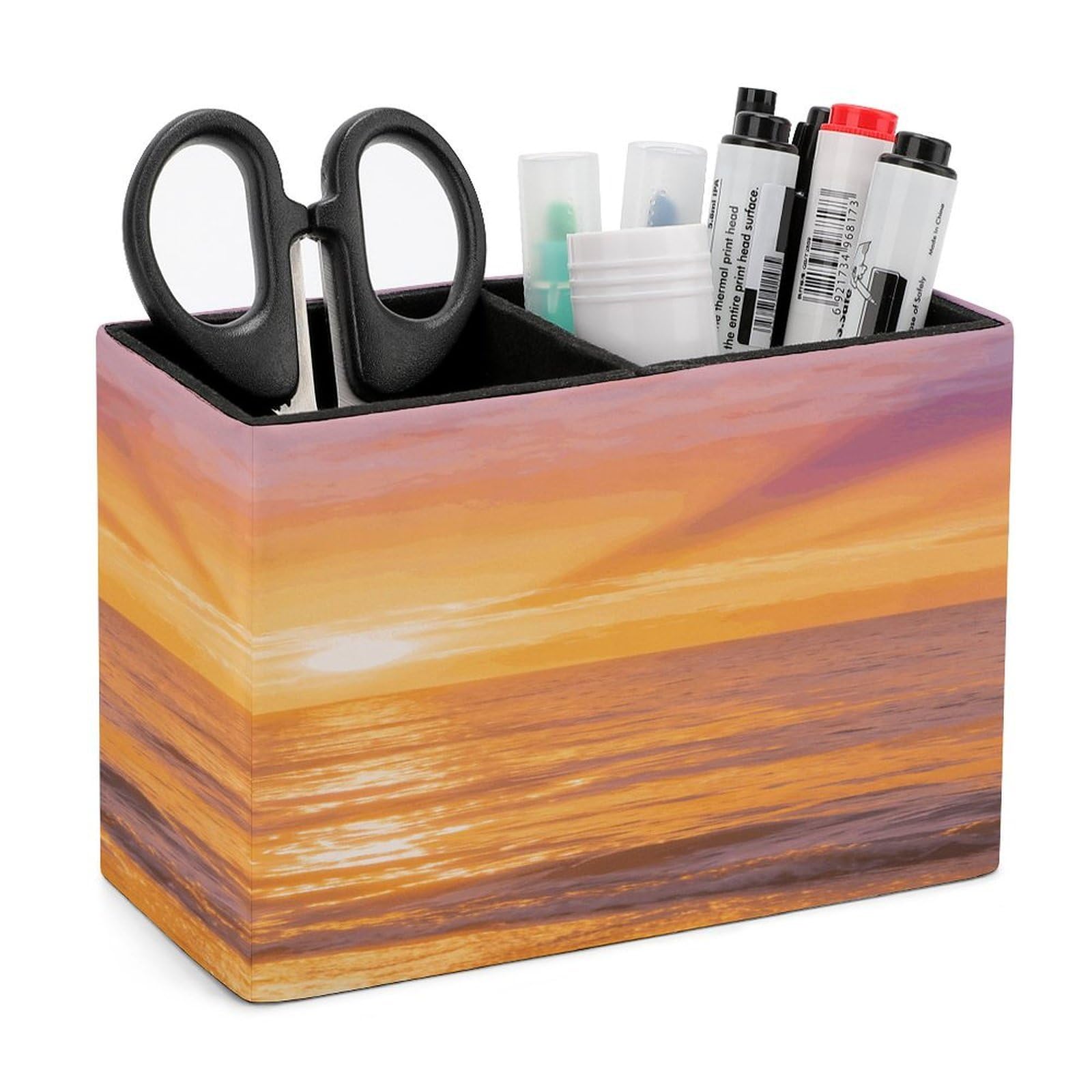 LZQPOEAS Ocean Sunset Pen Holder Double Compartments Pen Cup Makeup Brush Holders Leather Pencil Holder Locker Organizer for Work Locker Accessories Modern Pencil Cup for Desk