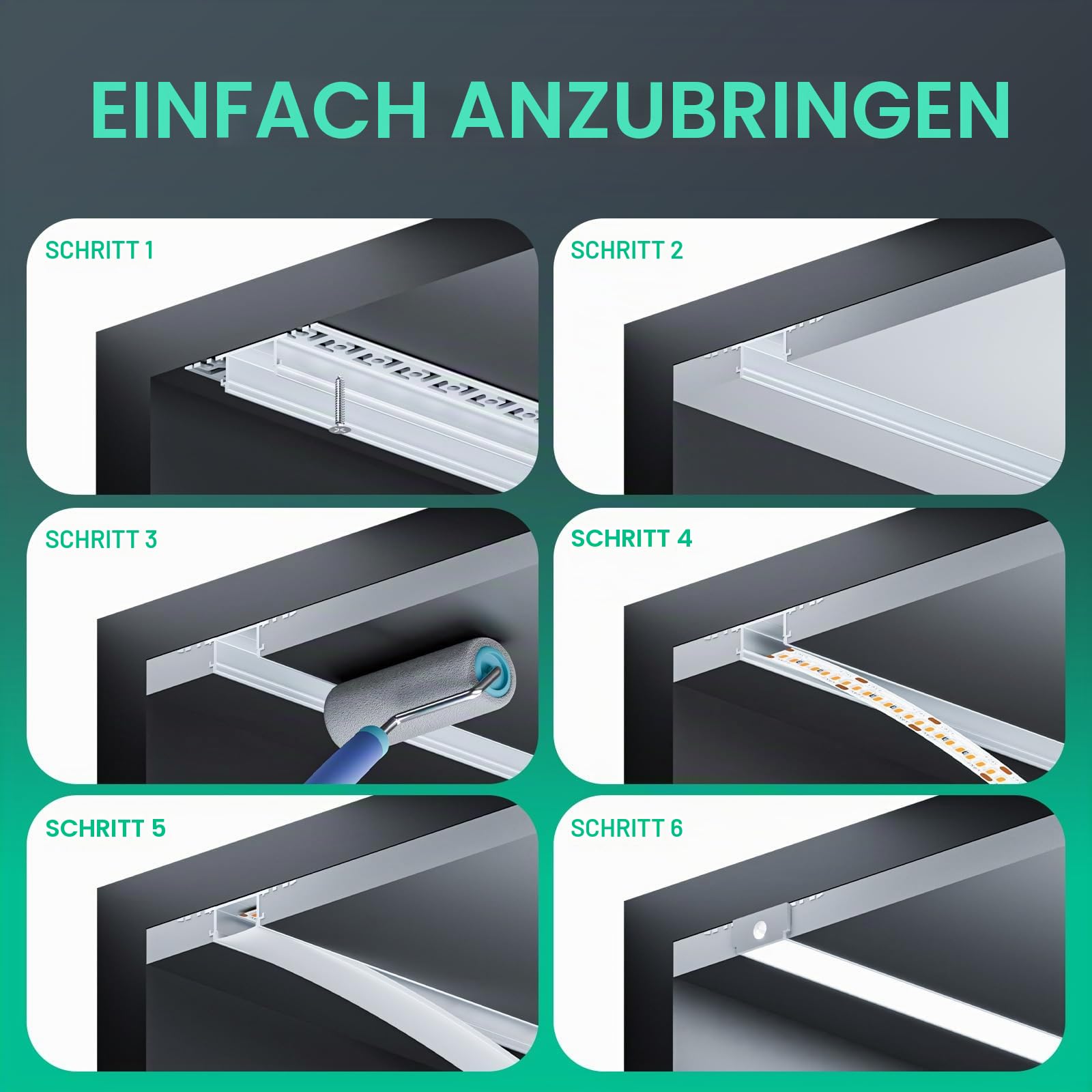 10 LED Fliesenprofil 2m ohne Vorfräsung, Einfache Montage Flächenbündiges LED Unterputzprofil für Led Streifen bis 20 mm, Inkl. Abdeckung & Endkappen
