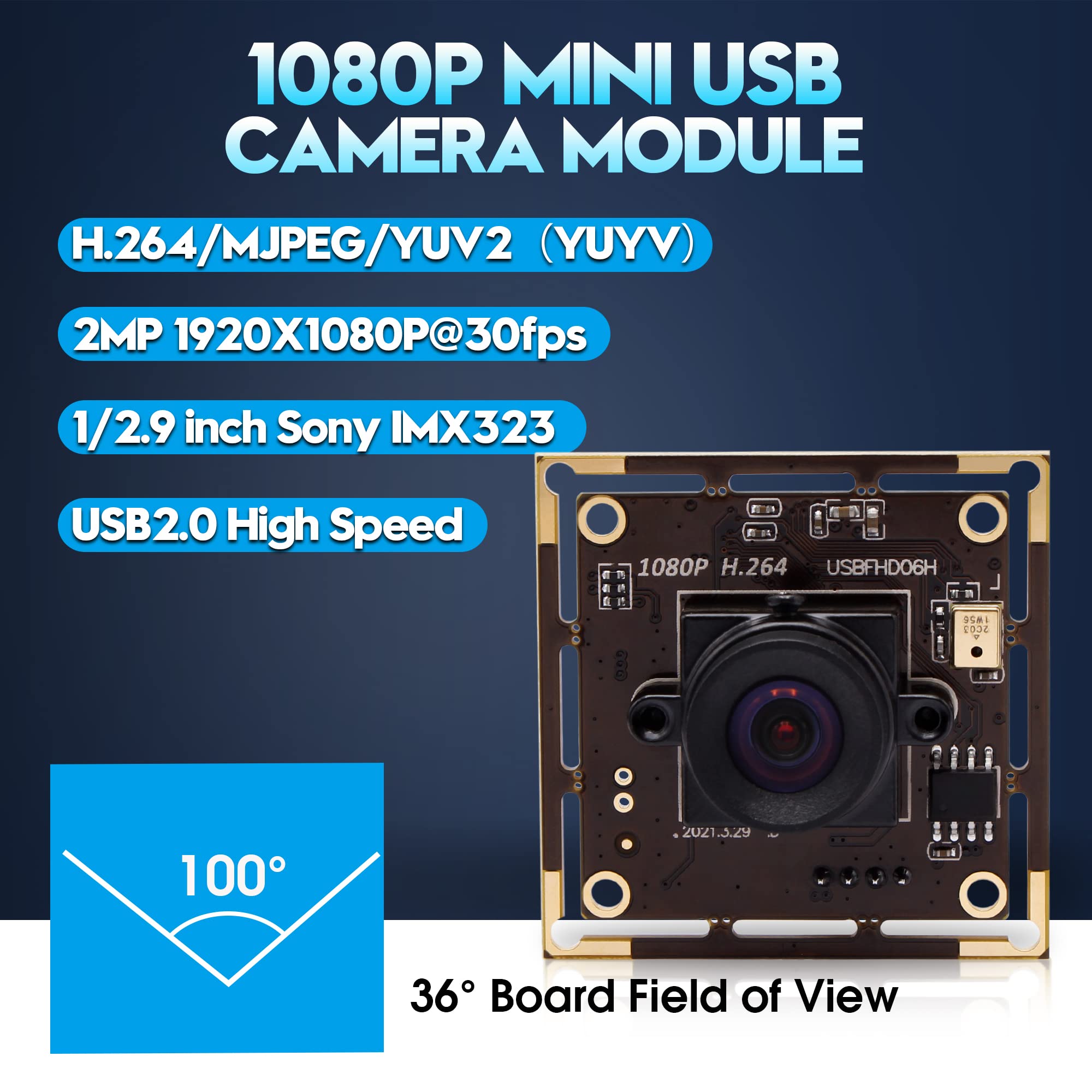 Módulo de cámara USB 1080P con lente de 100 grados sin distorsión, cámara USB pequeña de 2 MP con sensor IMX323, mini cámara web de video UVC con micrófono, compatible con Windows, Linux, Mac