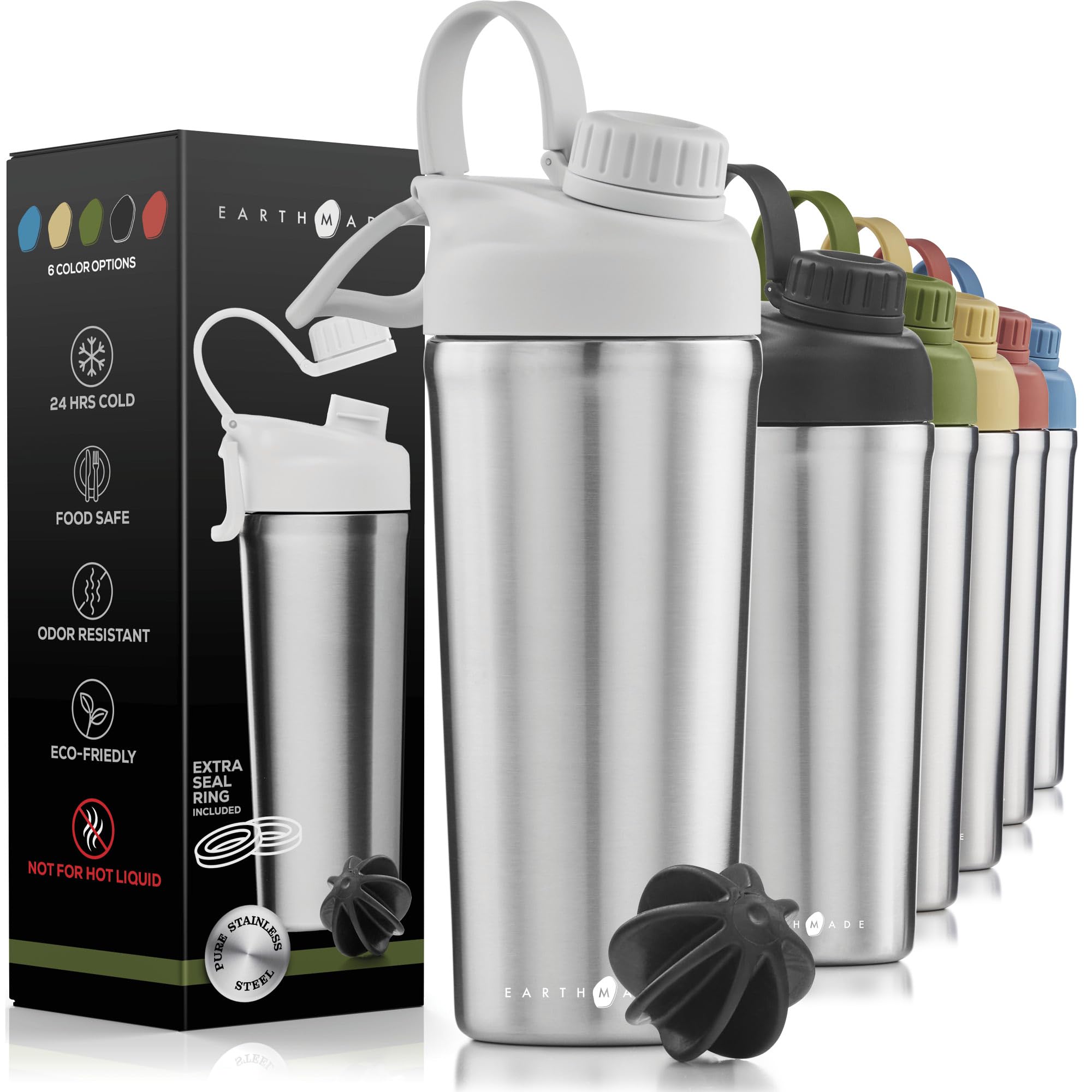 earthmade protein shaker bottle stainless steel, 28 oz insulated shaker bottles for protein mixes keeps cold for 30 hours, added 2 extra ring guards/leakproof