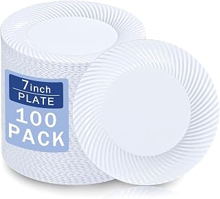 IOOOOO 100 Pcs 7" White Plastic Dessert Plates, Heavy Duty Dessert Plates | Fancy Disposable Cake Plates, Durable Disposable Salad Plates,Premium Plastic Appetizer Plates for Party, Weddings & Events