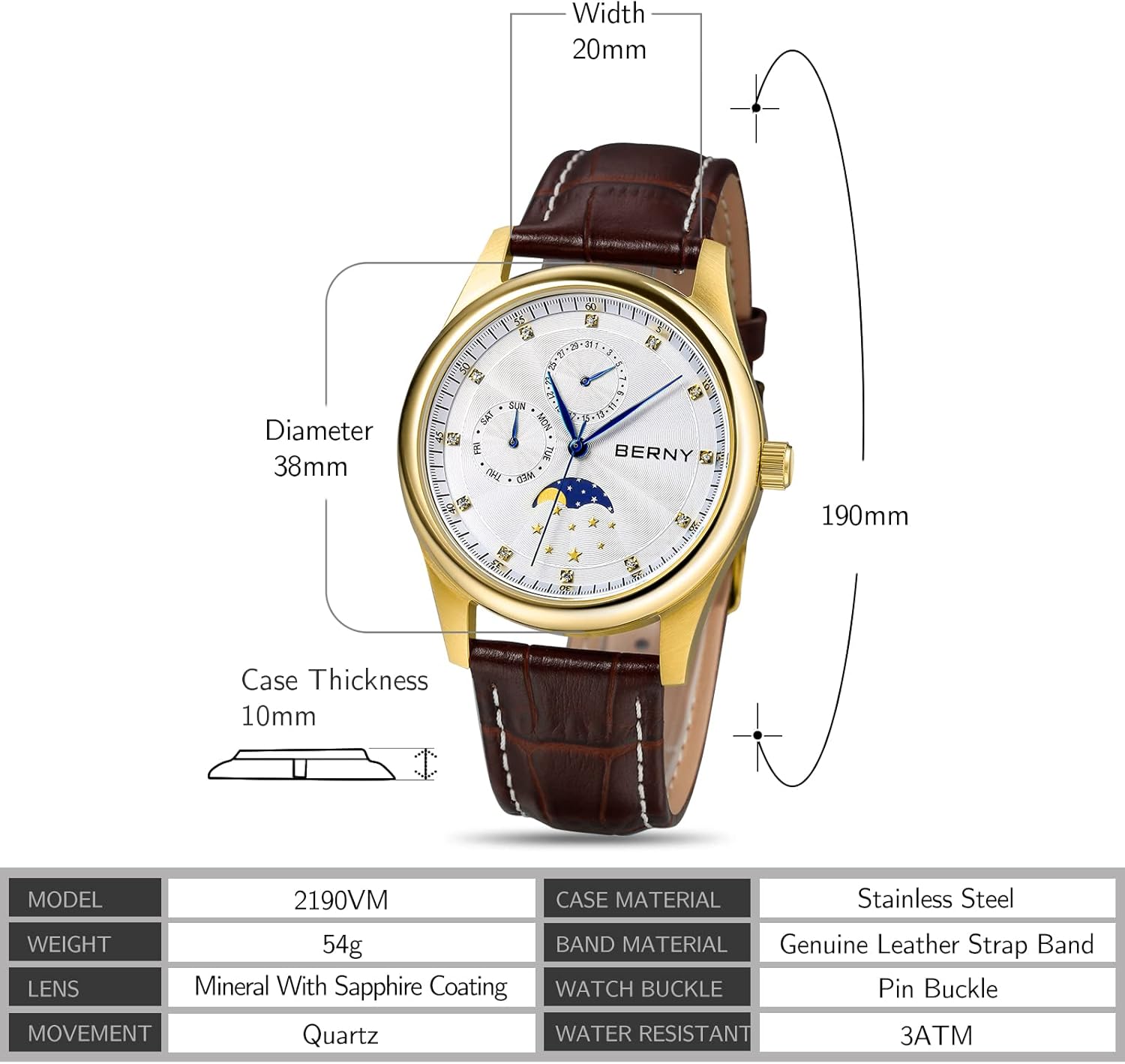 BERNY Mens Multi-Functional Quartz Watch with Calendar and Moon Phase Watch - Stainless Steel Case and Leather Band