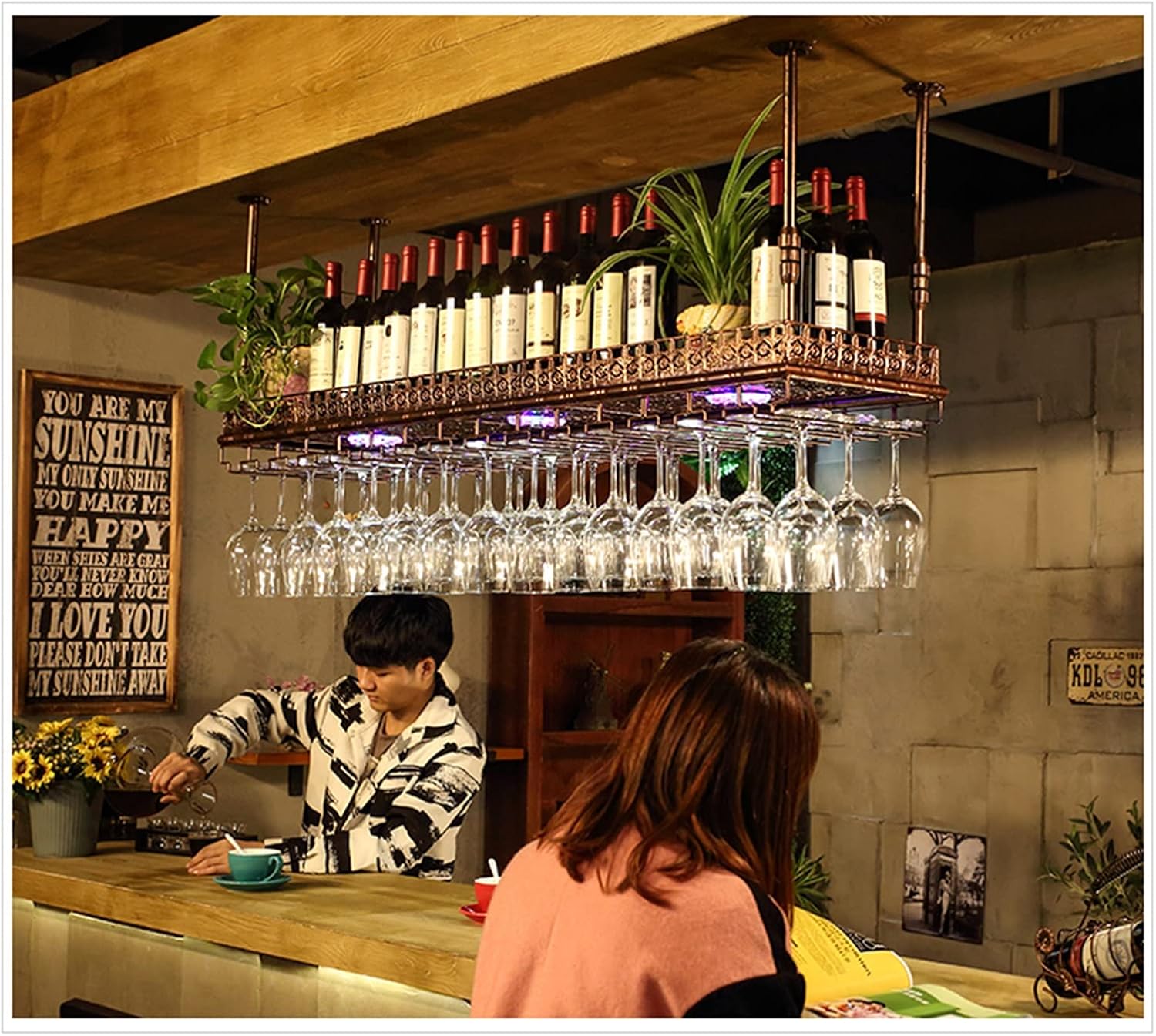 Wine Rack, Retro Ceiling Decoration Rack, Upside-Down Hanger Suitable for Living Room Dining Room Bar, Green Plant Display Rack with Colorful Lights (Color : C, Size : 60X35X60CM)