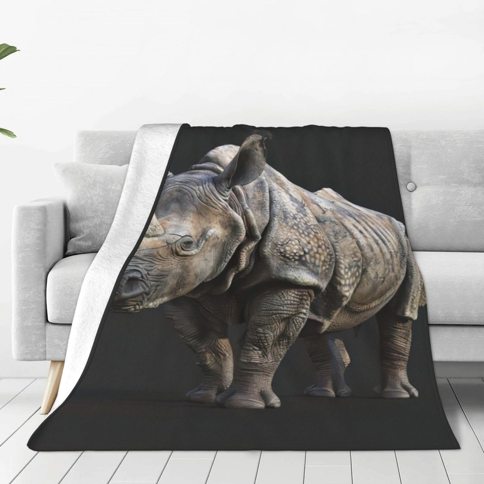Hdskfns Black Animal Rhino Print Throw Blanket All Seasons Blankets Soft Cozy Flannel Blanket,For Bed Couch Sofa Decor