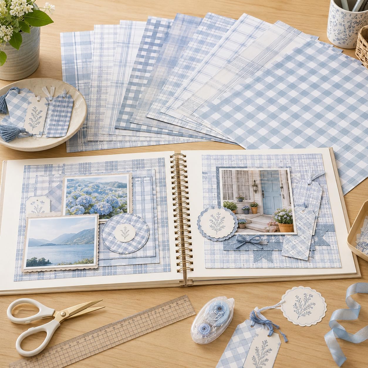 24 Sheets Blue Plaid Scrapbook Paper 12 x 12 Inches, 24 Designs Double Sided Pattern Light Blue Checkered Background Paper, Gingham Tartan Grid Craft Pad for Card Making, Journaling, Album Decor