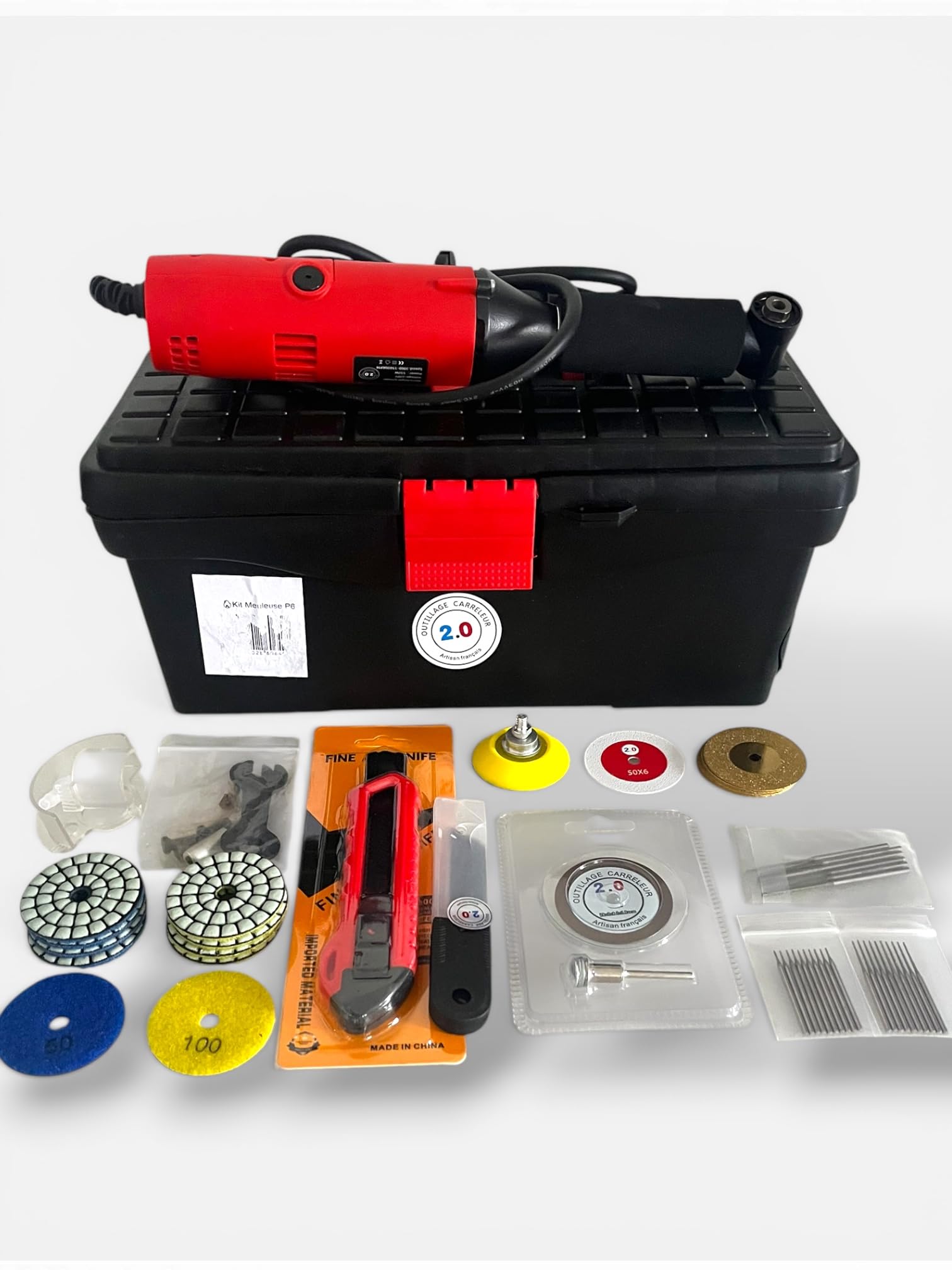 Kit Smerigliatrice P6 di Precisione 550W con Variatore Velocità – Set con Accessori (Pad, Dischi, Mandrino, Taglierino) – Taglio e Finitura Piastrelle e Pietra – Outillage Carreleur 2.0