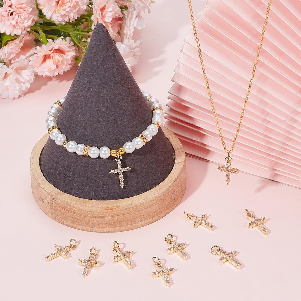 Beebeecraft 1 Box 10Pcs Small Gold Cubic Zirconia Cross Charm with Jump Ring Real 18K Gold Plated Brass Clear Crosses Pendant Charm for Jewelry Making Charms Necklace Bracelets Supplies DIY Crafts