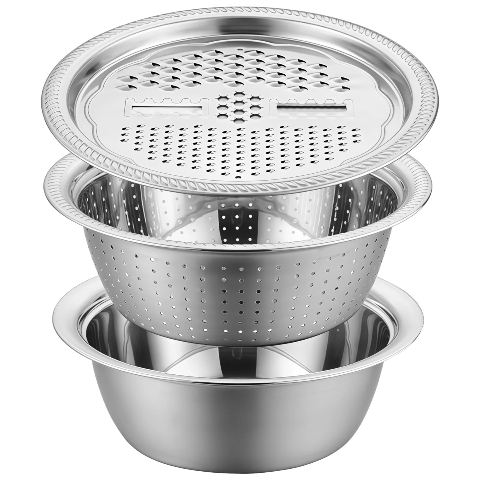 Generisch 3er Set Multifunktions Edelstahl Reibeschüssel, 30 cm 11,8 Zoll große Rührschüssel, Sieb für die Küchenzubereitung, vielseitiger Reibedeckel, kompatibel mit Induktionskochfeldern