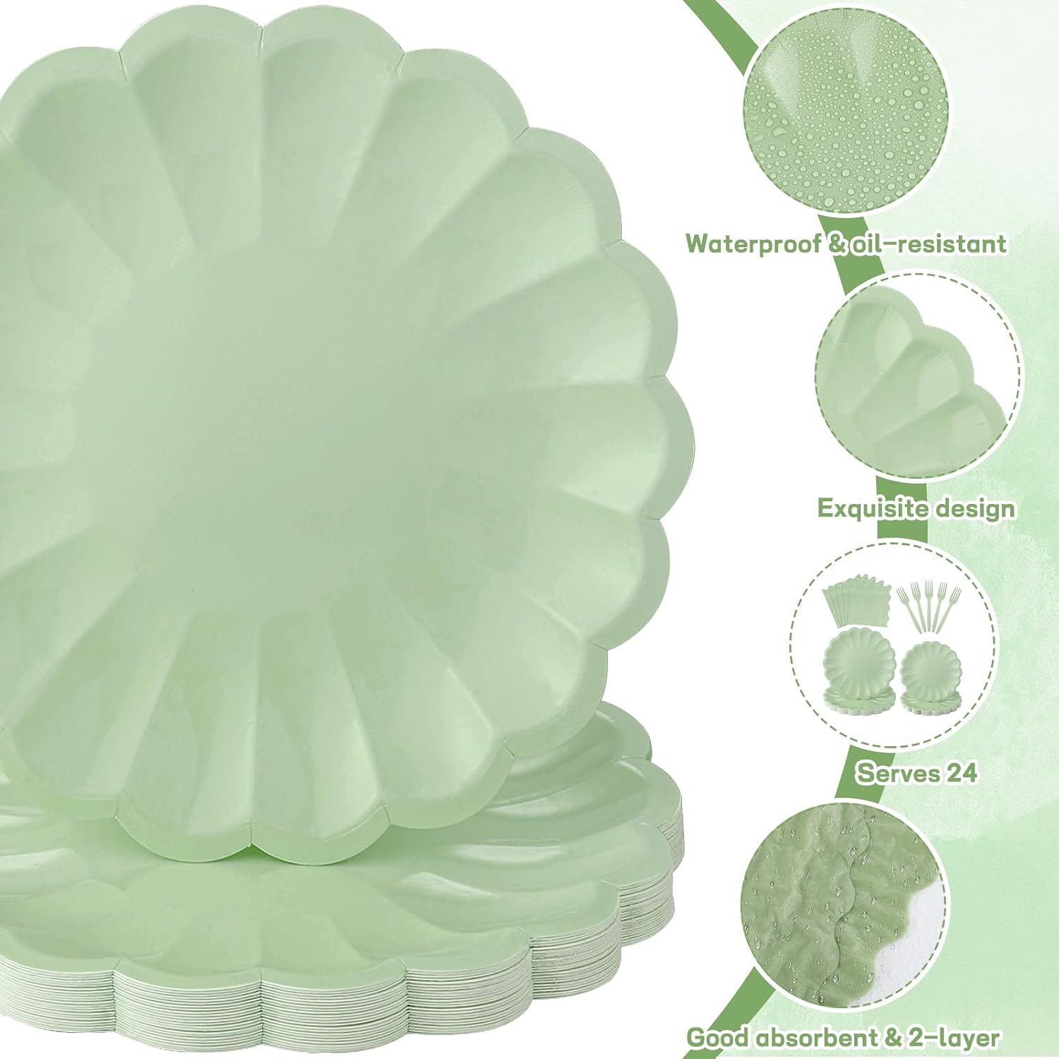 96 Pcs Sage Green Paper Plates and Napkins Party Supplies Serve 24 Guests | Include Scalloped Dinner Plate 9.5", Dessert Plate 7.5", Napkins Plastic Forks for Baby Bridal Shower Wedding Birthday thumbnail
