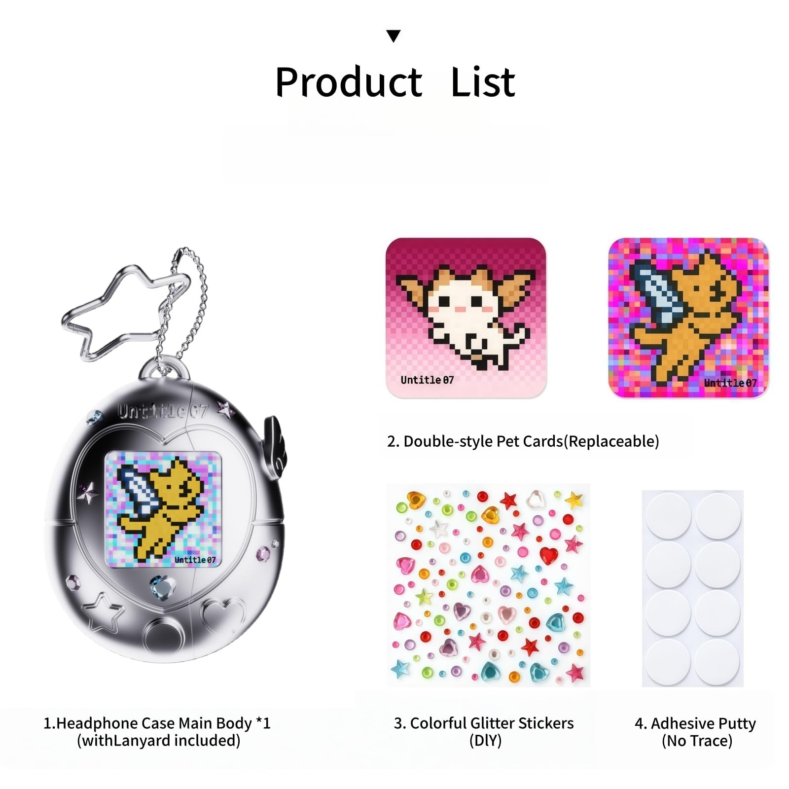 Custodia per auricolari Virtual Pet, rosa Kawaii Tama gotchi, custodia protettiva con portachiavi a stella, carte sostituibili per animali domestici, adesivi glitterati per pod 4/Pro 2/1 (argento, Pro