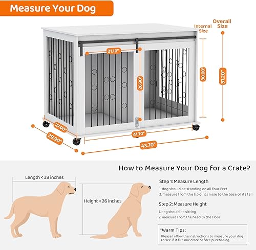 Miniatura 5 de IchbinGo Muebles grandes para jaula para perros con puerta corrediza de granero, mesa auxiliar de madera de 43.7 pulgadas con ruedas y placa