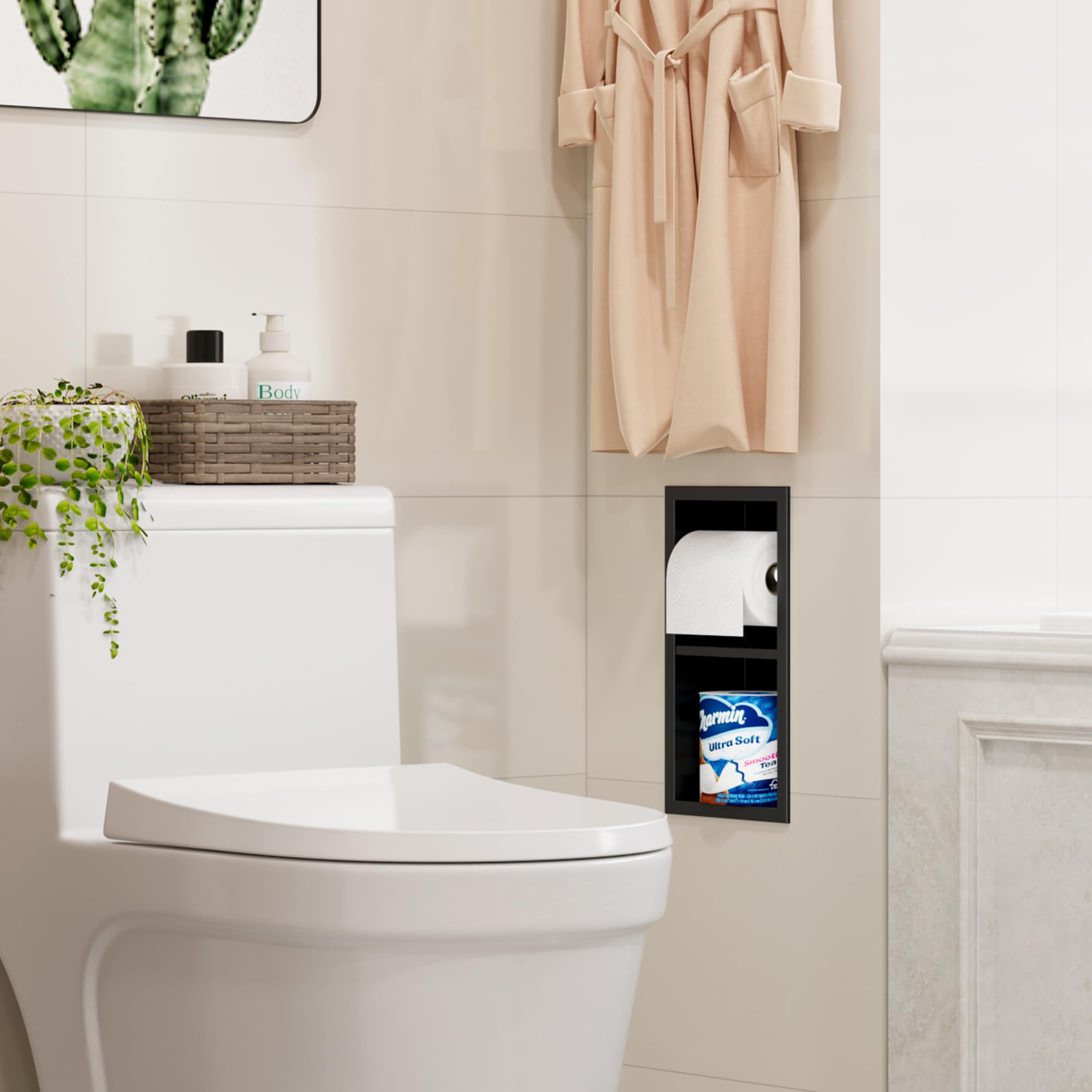 Qeke Recessed Toilet Paper Holder, Dual Rolls Tissue Toilet Holder, Black — Amazon image 7