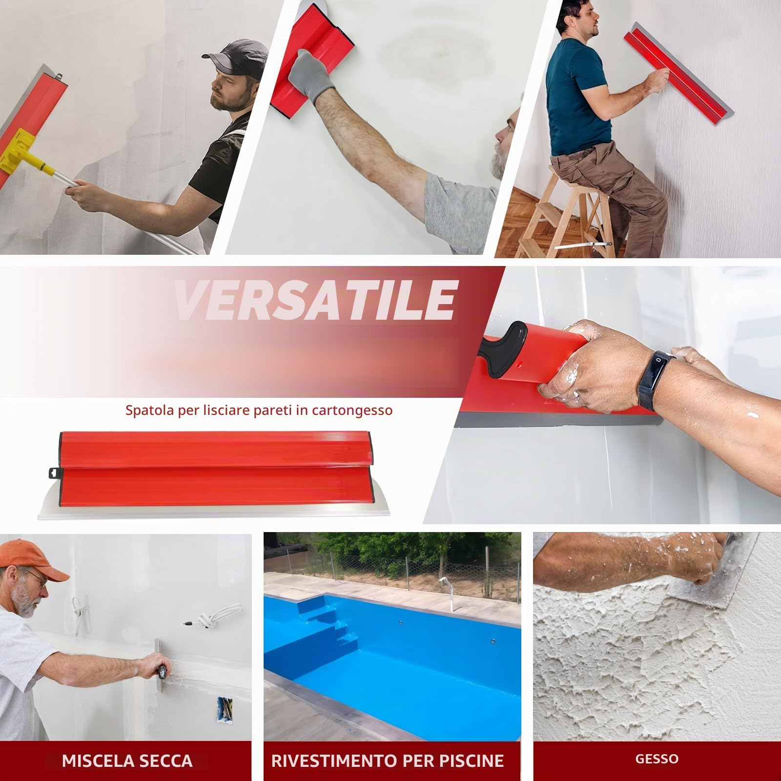 Set di 3 raschietti in acciaio inox (25 + 40 + 60 cm), spatola lisciante professionale per intonacatura, stucco e intonacatura