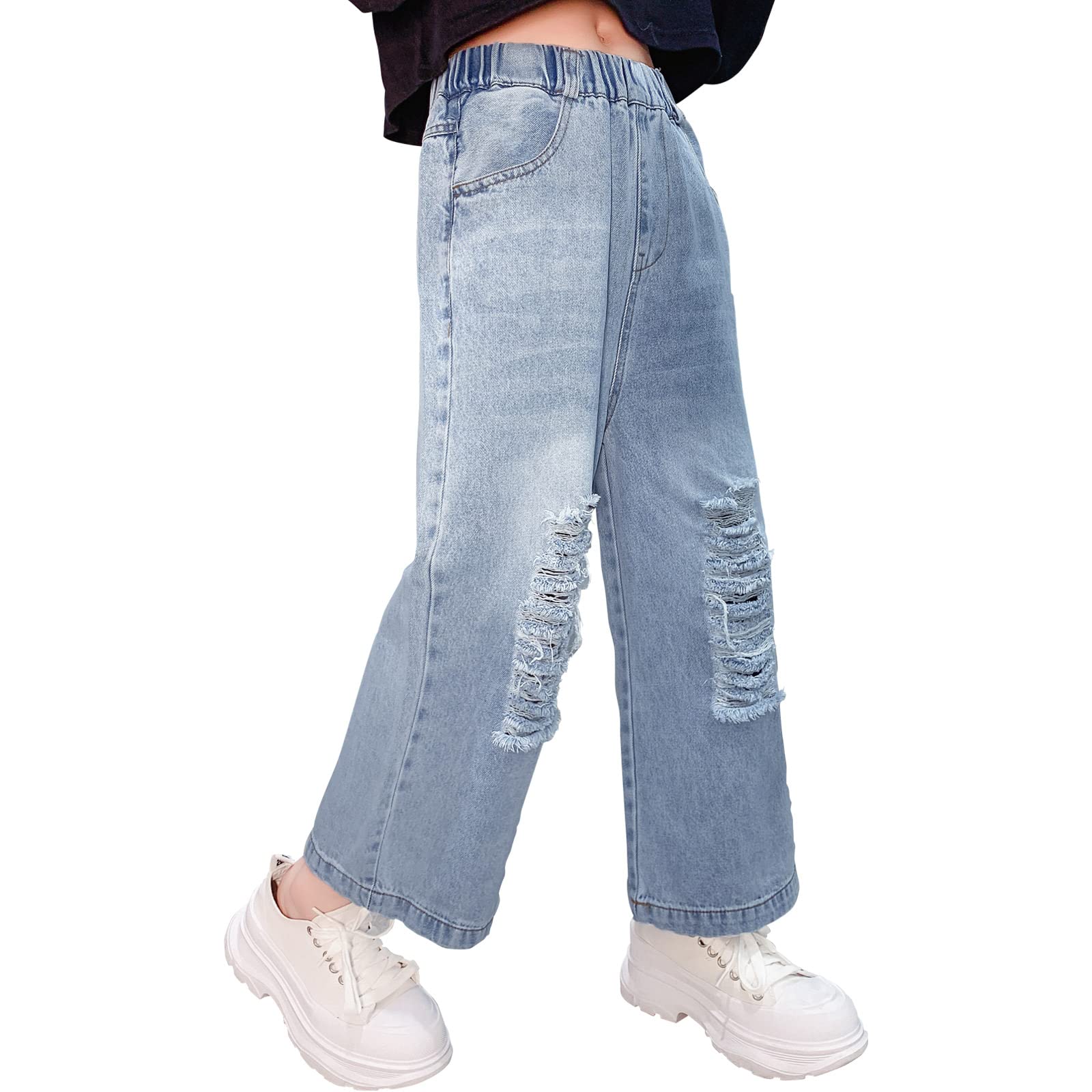 MEILONGER Pantaloni Jeans Baggy per Bambine, Gambe Larghe strappate, con Buchi Strappati, Vita Alta Casual Taglie 8, 10-12, 14-16