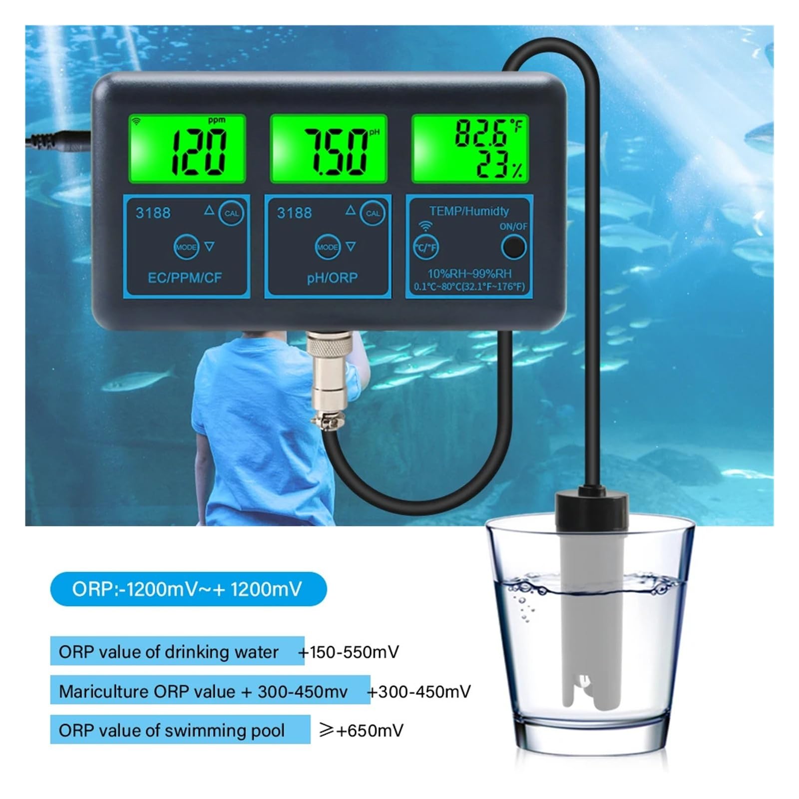 PH mètre WiFi température TDS(ppm) EC ORP, moniteur d'eau, électrode, testeur de qualité de l'eau for Aquariums, piscine hydroponique