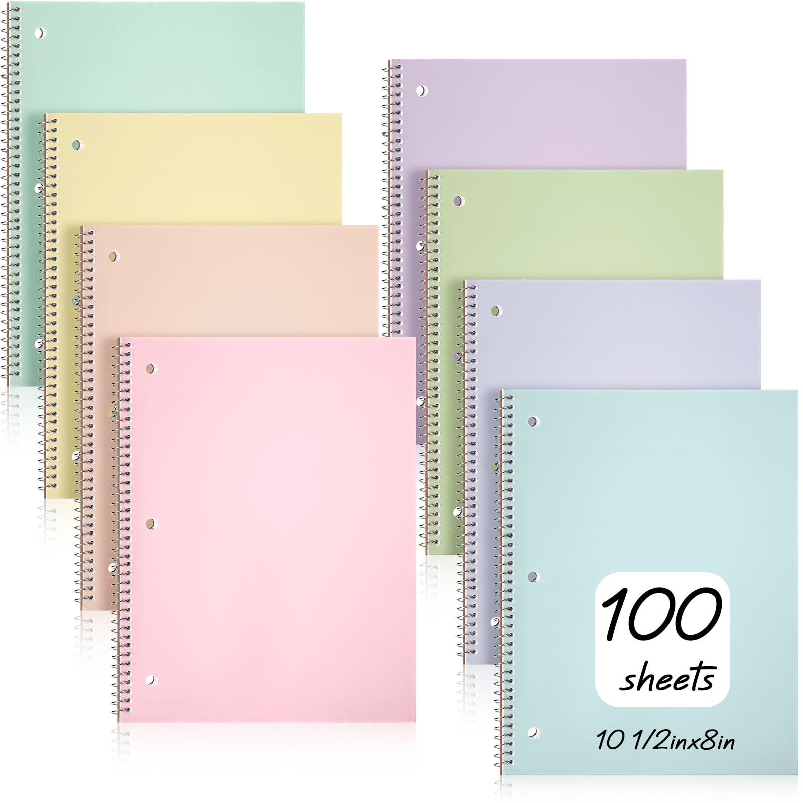 Teling 8 quaderni a spirale per 1 soggetto, a righe larghe, 8 x 10 1/2 pollici, quaderni a spirale pastello, 3 fori, colori assortiti, facili da strappare, 100 fogli per ufficio (colore innovativo)