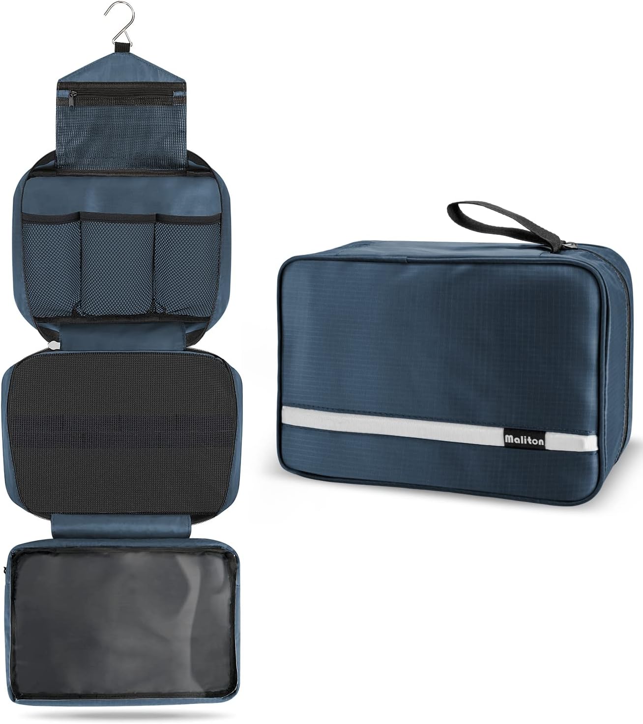 MalitonToiletry Bag, Hanging Toiletry Bag, Foldable Makeup Bag with 4 Compartments, Waterproof Wash Bag for Business Trip, Vacation and Bathroom for Makeup Bag & Shower Bag（Navy Blue）