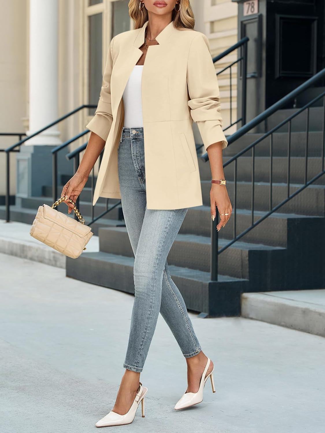 Cicy Bell Womens Business Casual Blazer Long Sleeve Open Front Notch Stand Collar Blazer Work Office Jacket Suit Beige - Image 4