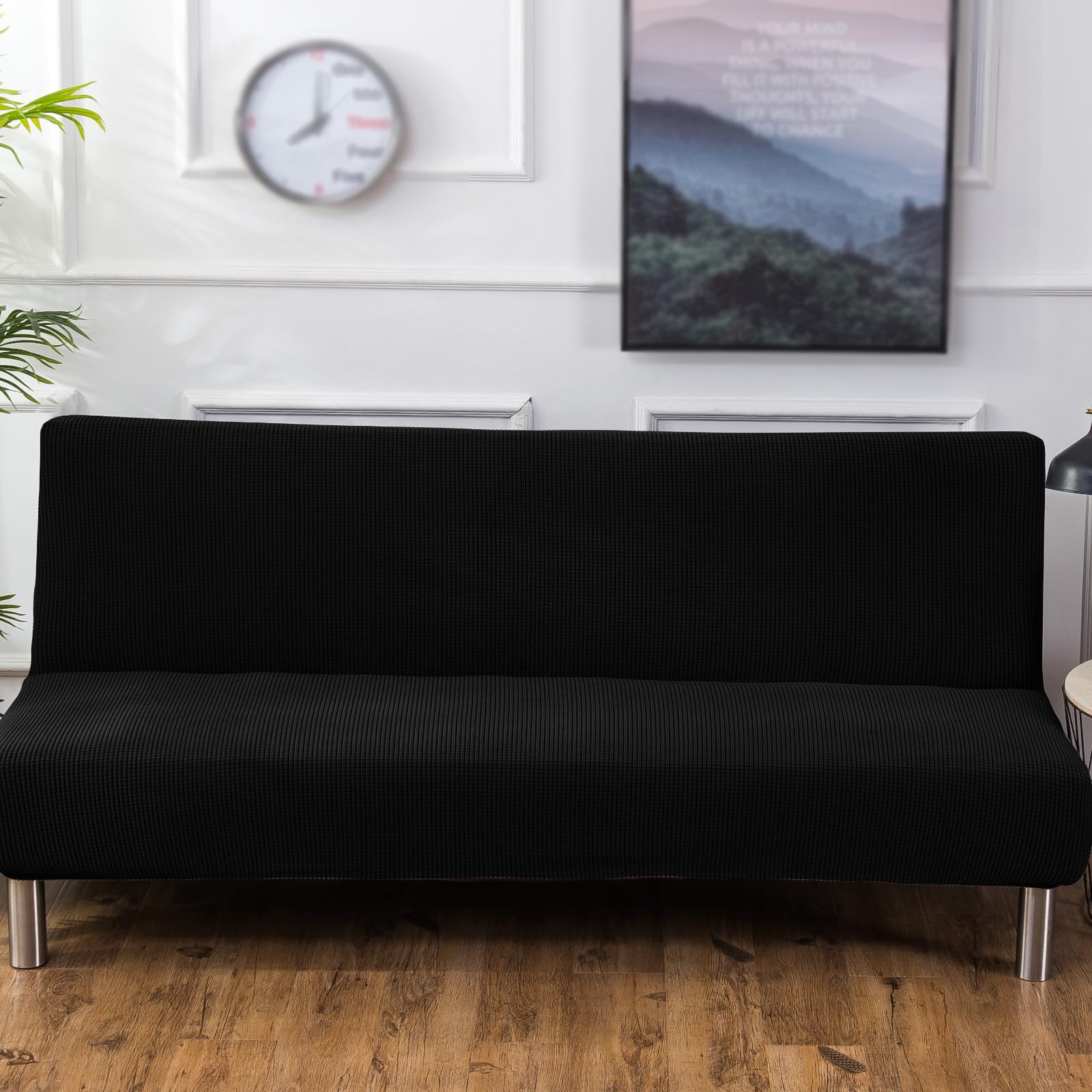 Stretch Futon Cover, Couch Cover for Futon, Armless Sofa Cover, Foldable Sofa Bed Slipcover Without Armrest, Universal Thick Sofa Slipcovers Furniture Protector for Kid, Pet(Small Checks Black,Medium)