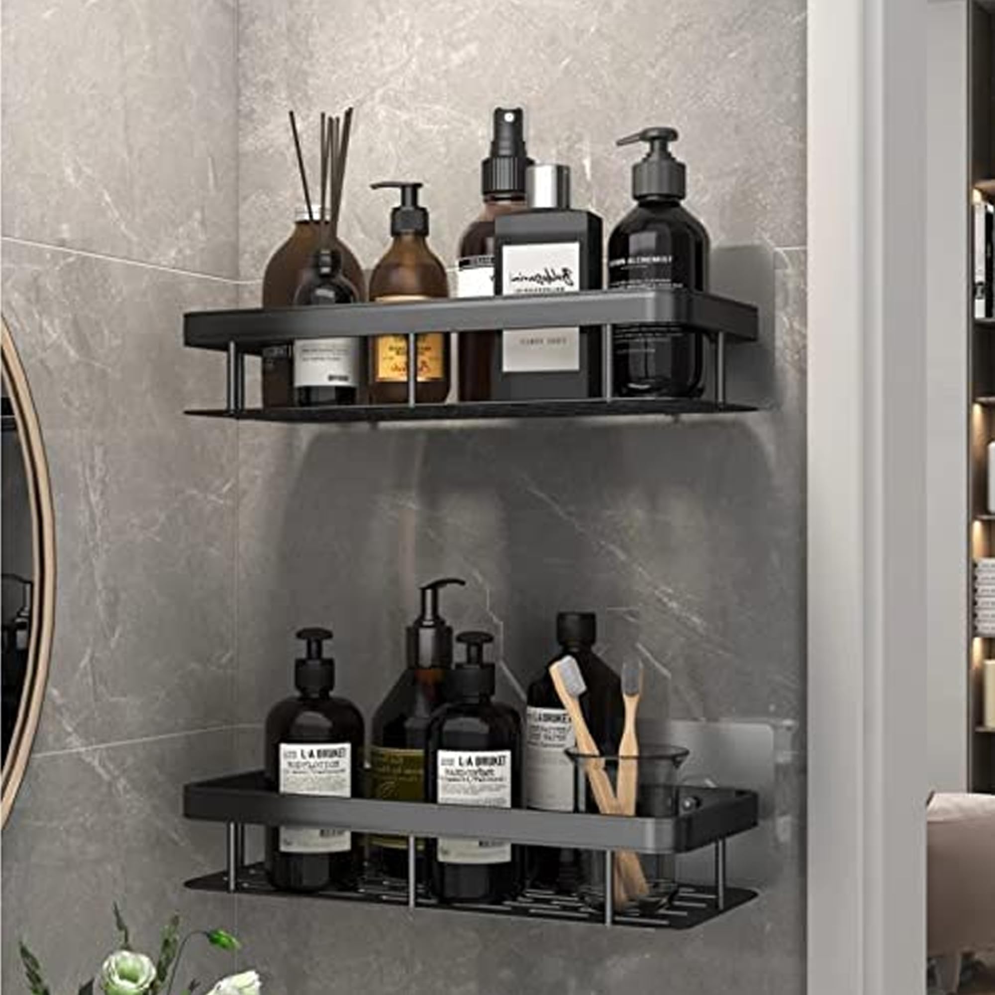 Sulfar Bathroom Shower Shelf | No Drilling Wall Mounted Stainless Steel Floating Shelves | Rustproof Storage Organizer for Bathroom Essentials | Space Saving Design | Black (Pack of 2)