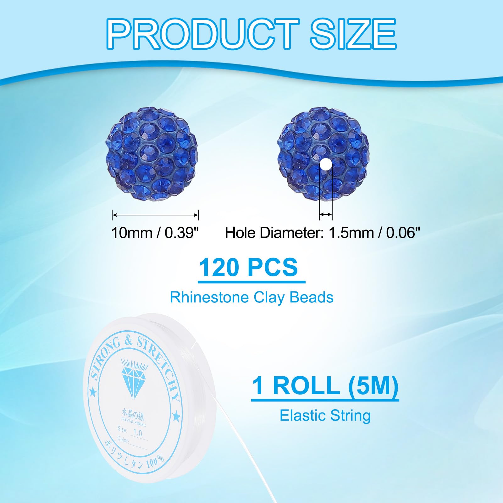 PATIKIL 10mm Rhinestone Clay Beads for Jewelry Making 120 Pack Round Ball Polymer Clay Crystal Charm Beads with Elastic String for Craft Decor Necklace Chain Bracelets DIY Blue - Image 2