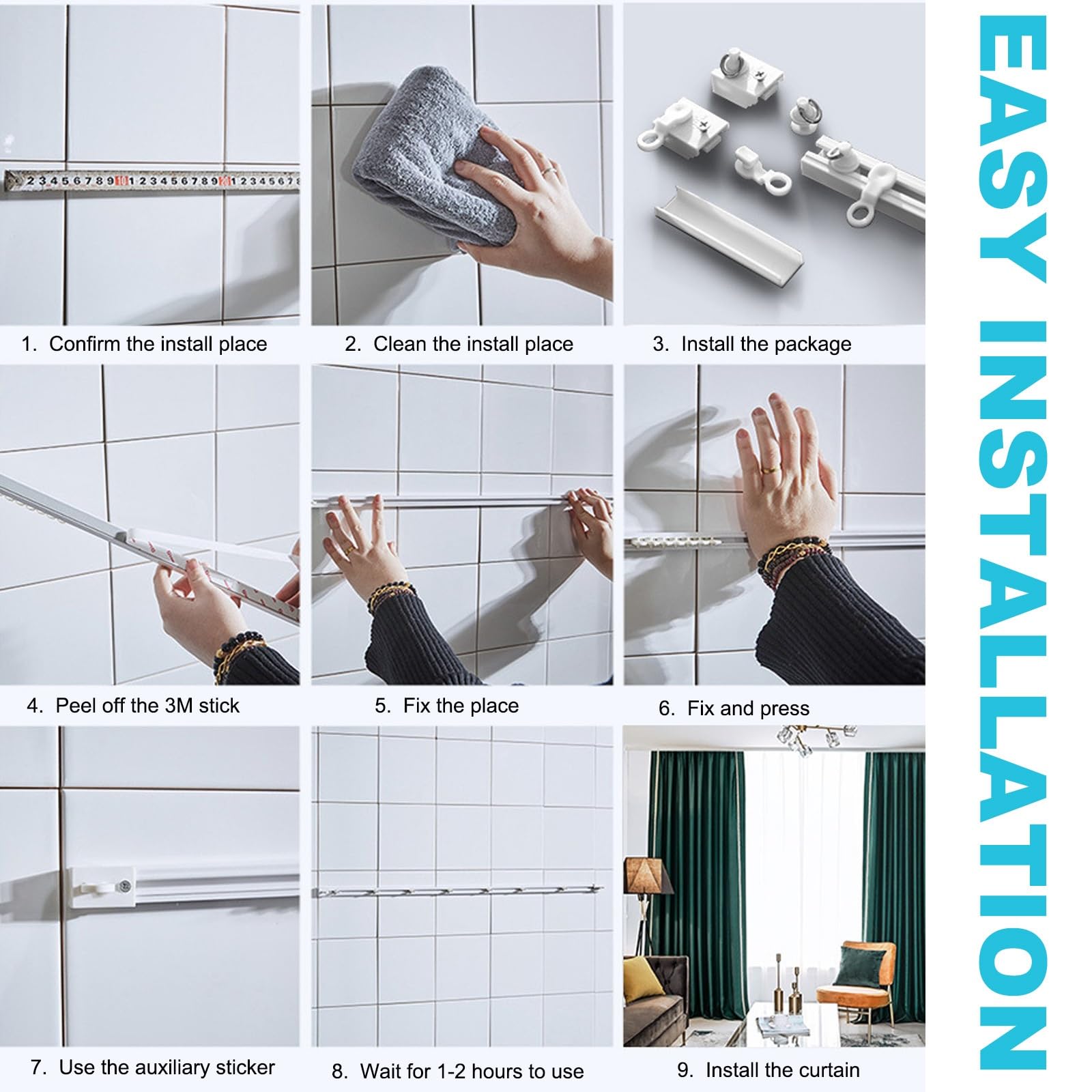 Rail de rideau mural ou de plafond – Rail de rideau autocollant sans perçage pour séparateur de pièce, chambre à coucher et salle de bain – Système de rideau silencieux (non flexible)